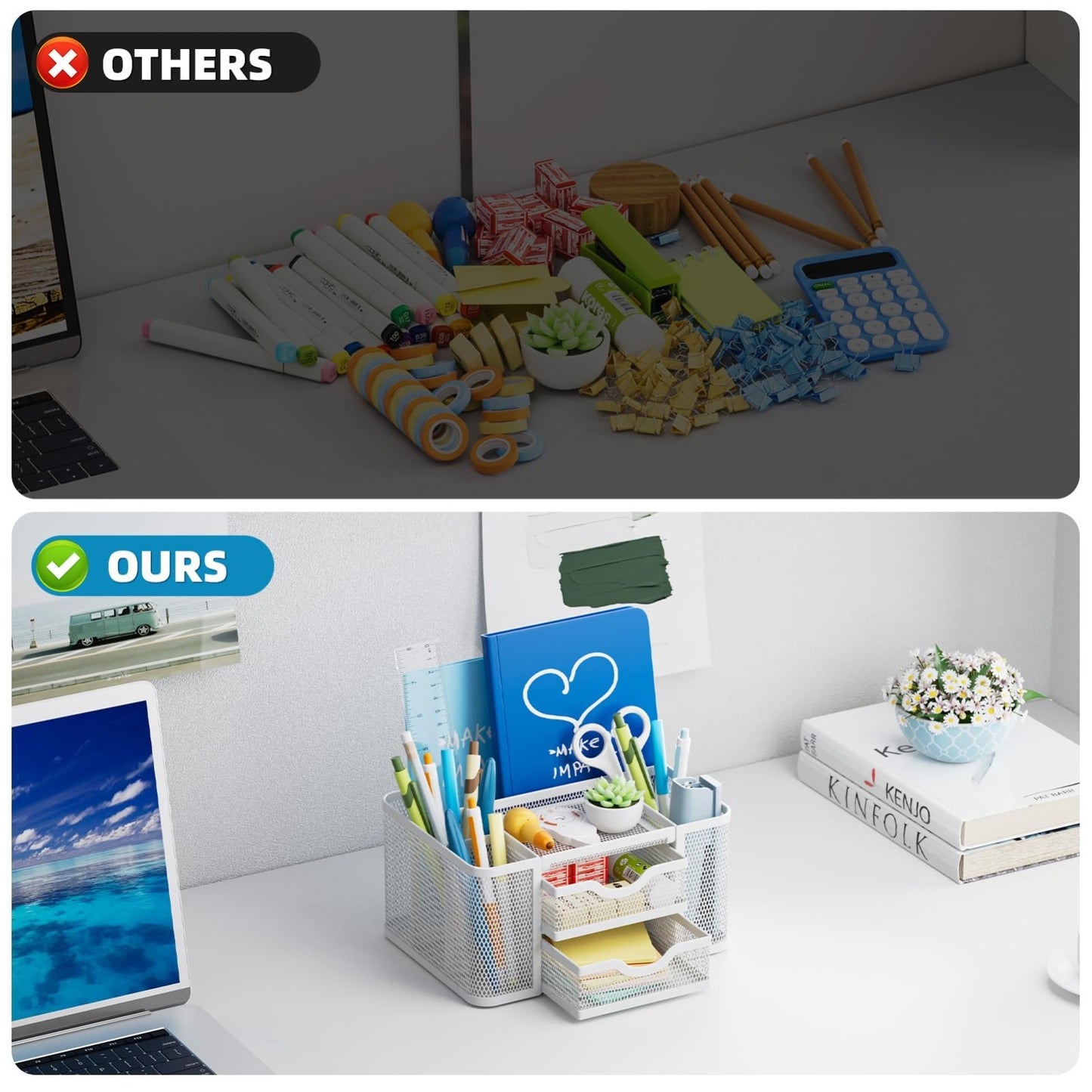 Multi Functional Mesh Desk Organizer with 2 Drawers, 5 Compartments, White Penci5