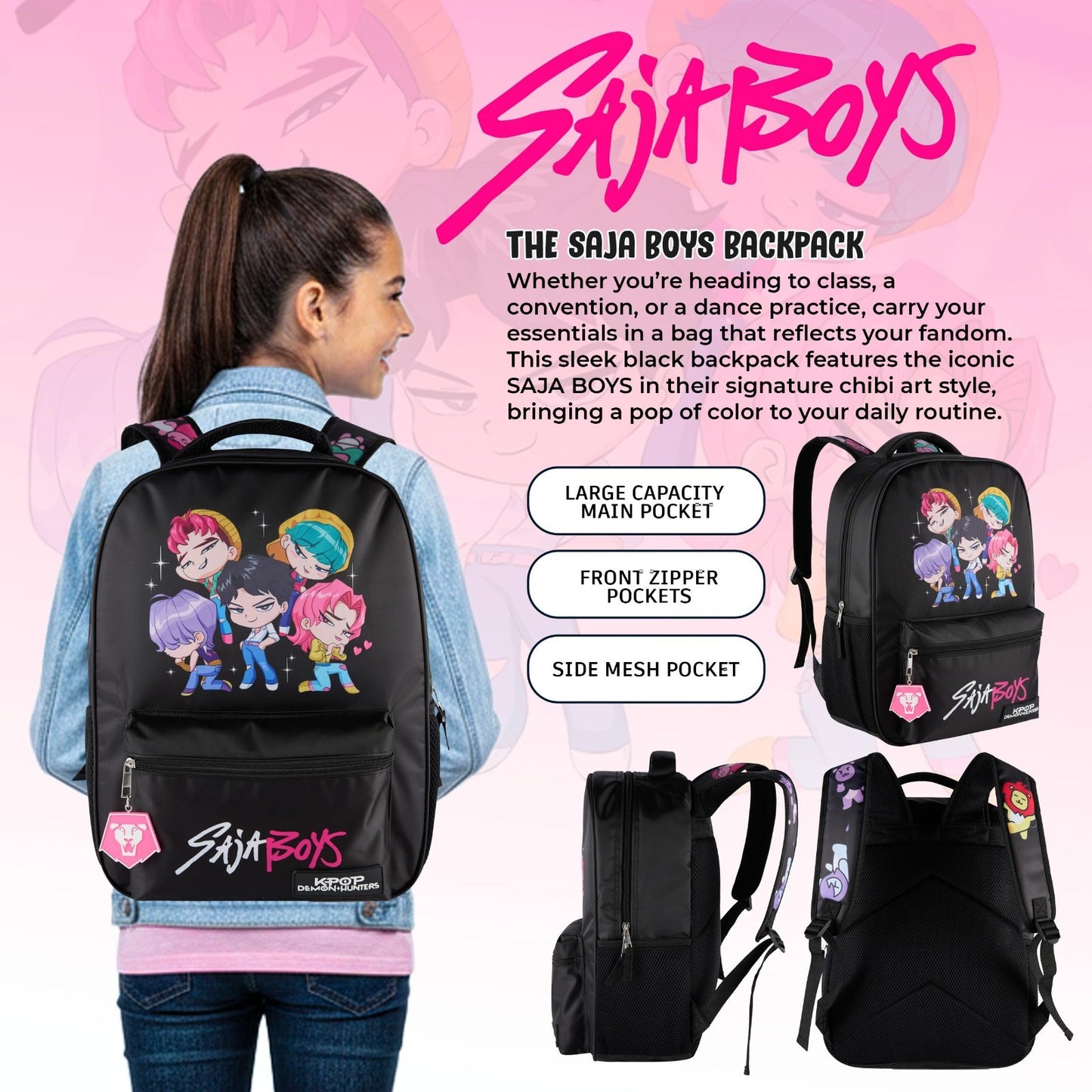 K Pop Demon Hunters Chibi Saja Boys 16” Backpack for Girls, Rubber Molded Charm,6