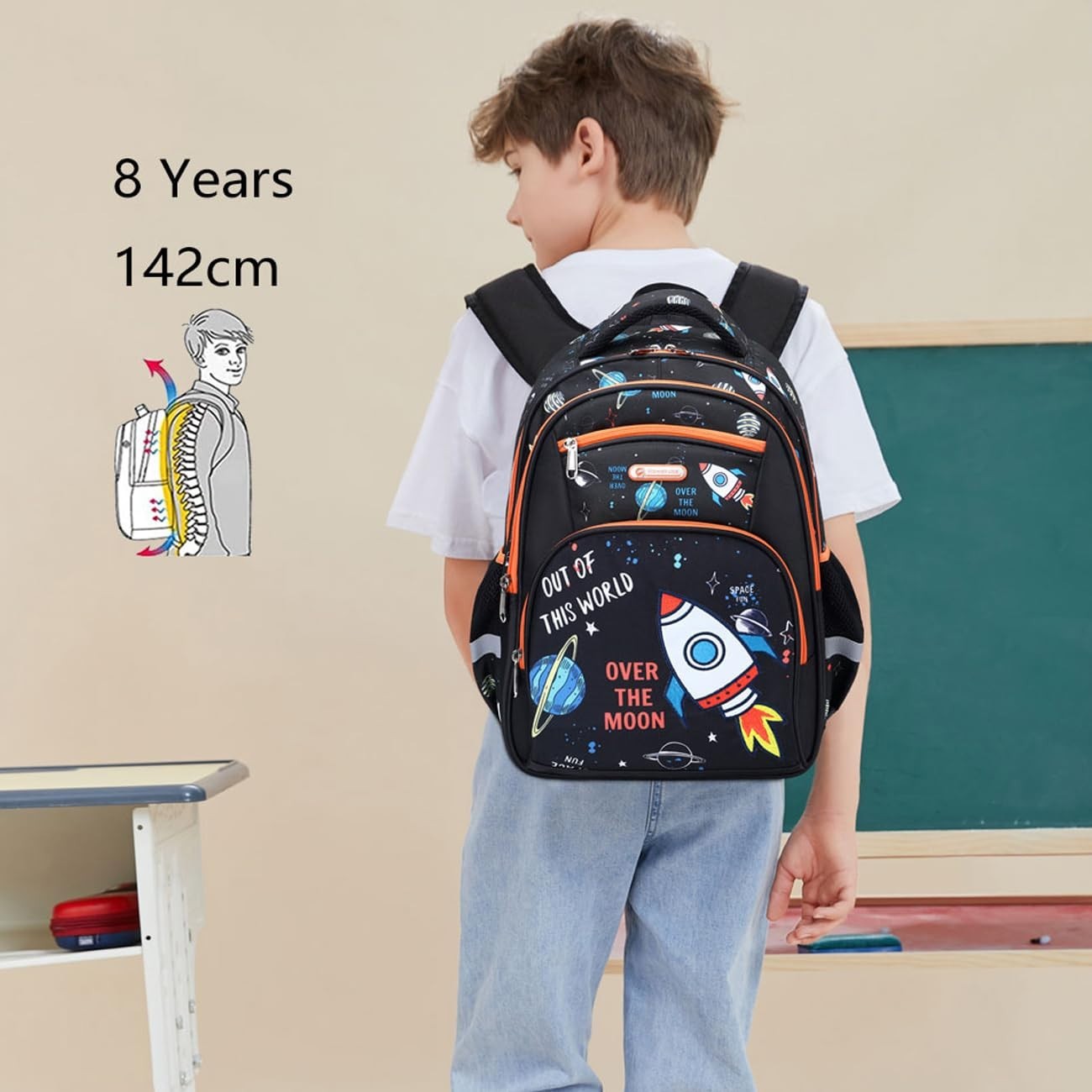 Space Print Kids Backpack for School, 16in Bookbag for Boys Ages 6 10, Durable &8
