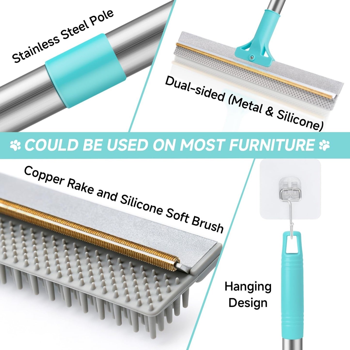 Pet Hair Removal Carpet Rake Tool - Adjustable 54” Handle, 3 Pcs Broom for Rugs8