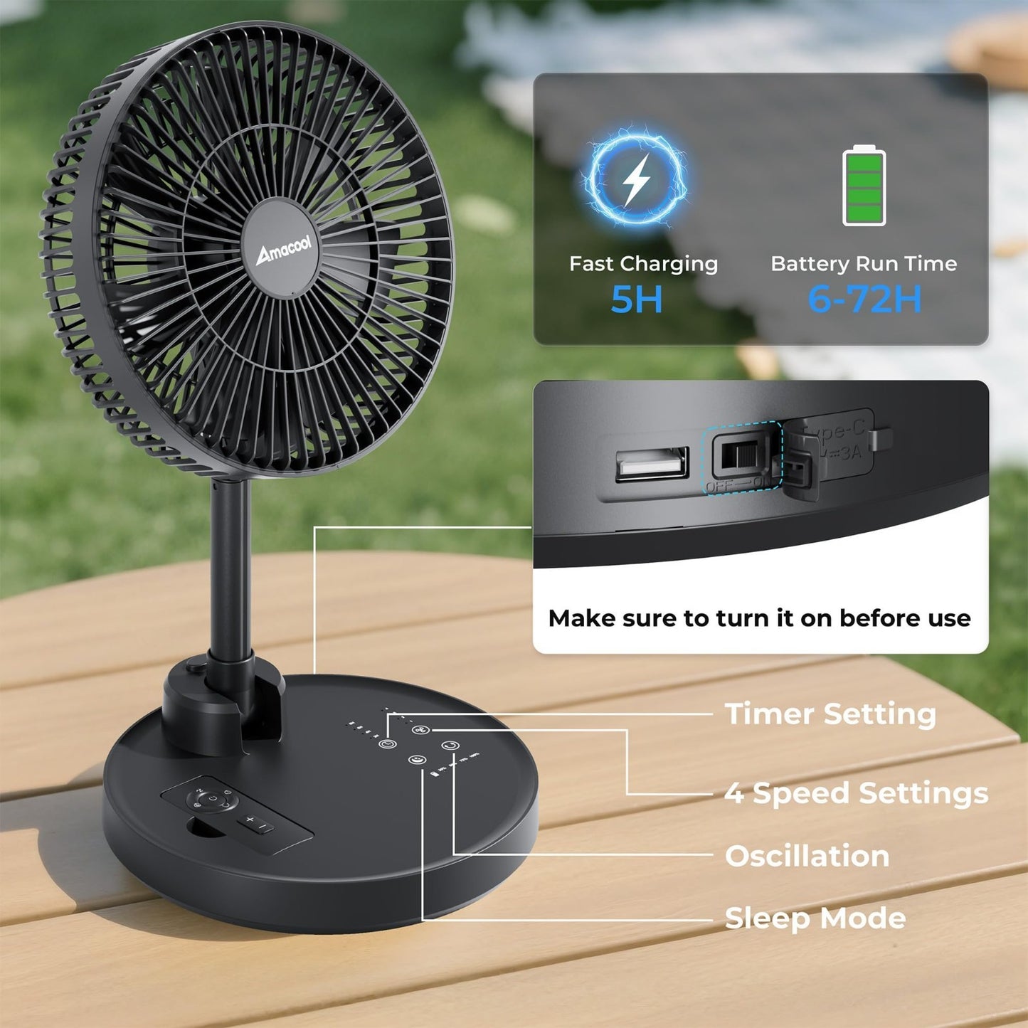 10" Foldable Oscillating Fan 20000mAh Battery, Remote, Timer, Adjustable Heigh5