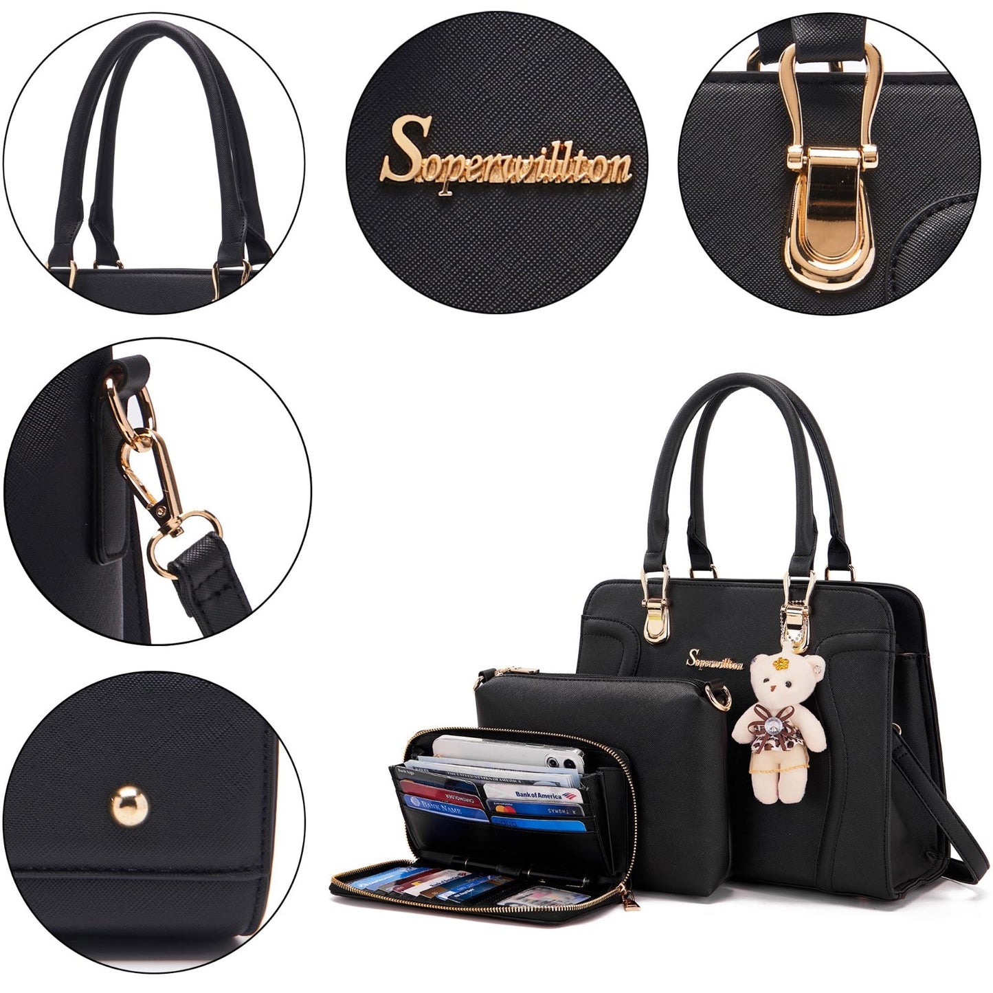 Stylish 3pcs Women's Shoulder Handbags Set - Satchel, Purse & Wallet Combo5