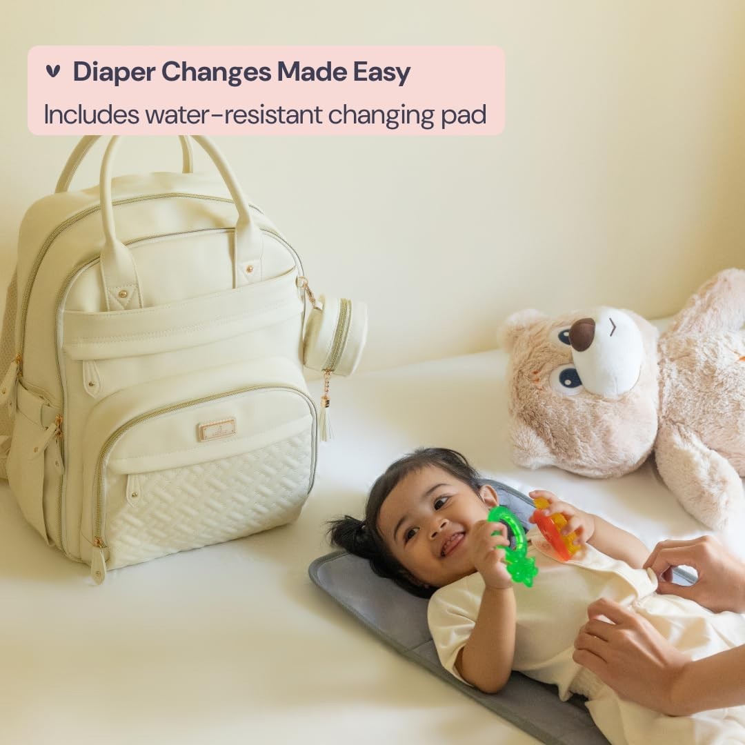 Multi Function Leather Diaper Bag Backpack Water Resistant, Changing Pad, Stro8