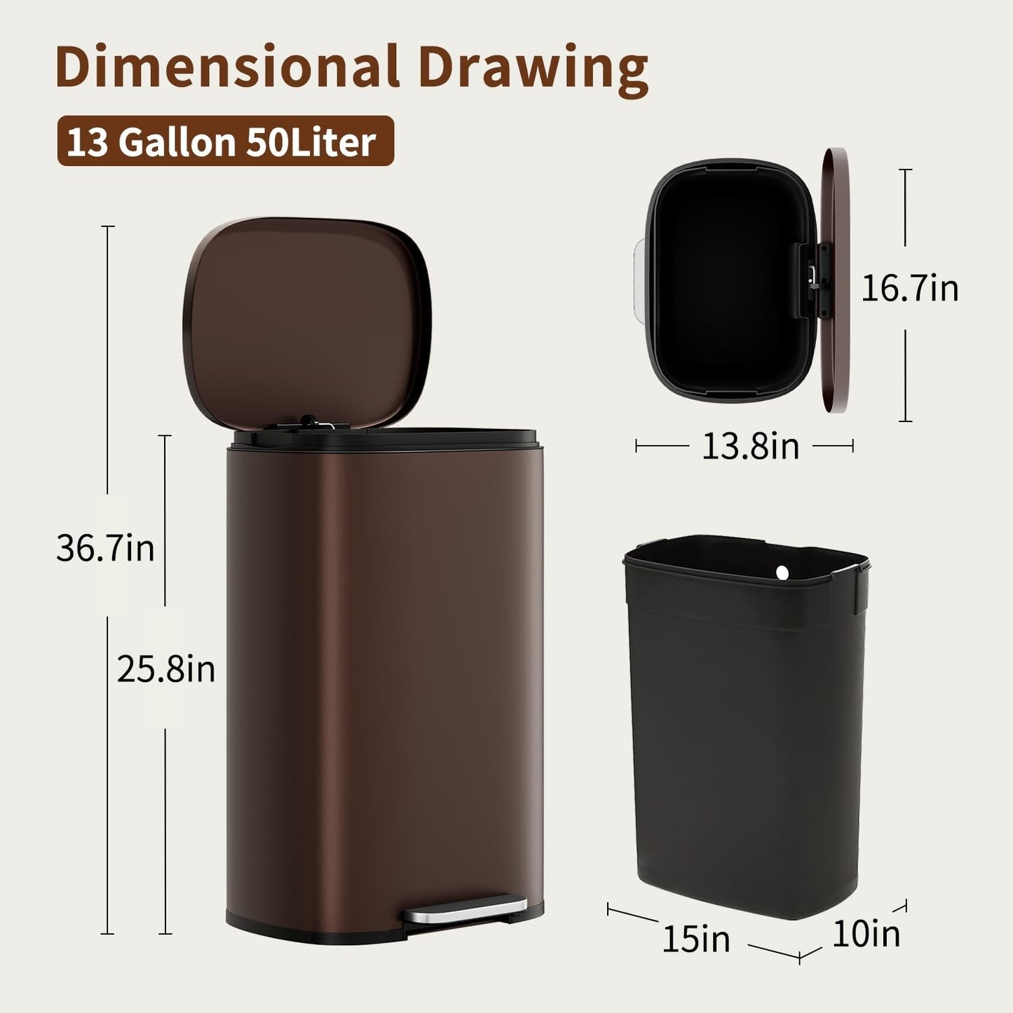 Stainless Steel Trash Can with Lid - 13 Gallon, Removable Inner Bucket, Soft Clo6