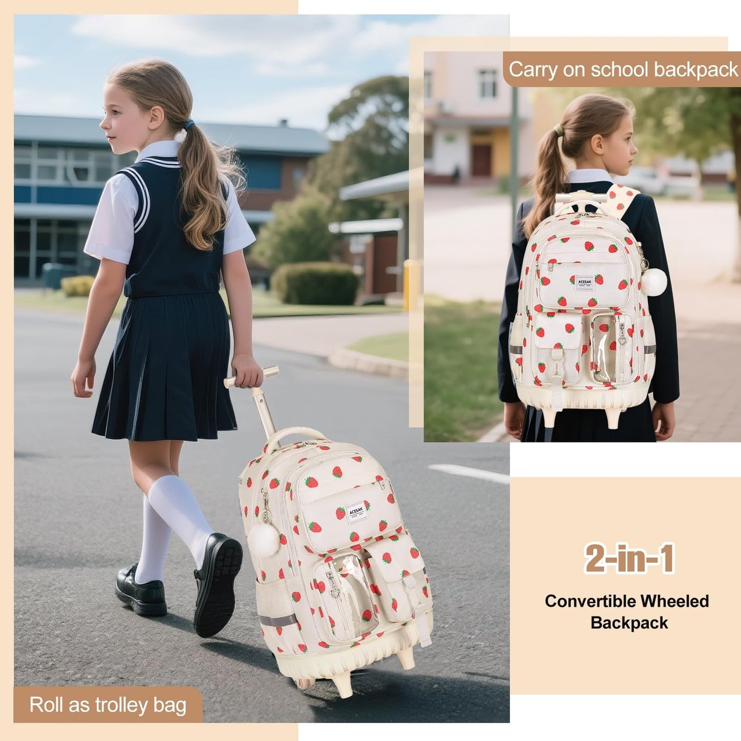 Rolling Backpack with Wheels for Girls, Lunch Bag & Pencil Pouch, School Travel6