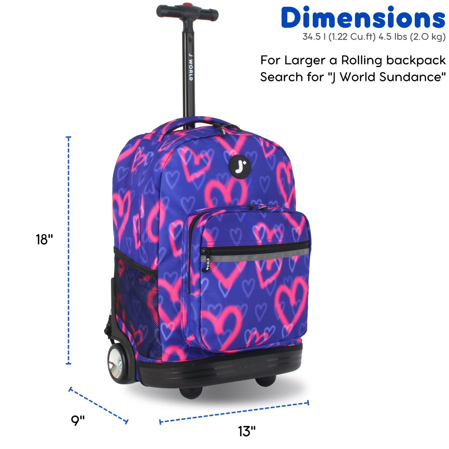 Kids Rolling Backpack with Wheels, 18" Bookbag for School, Heart Spray Design6