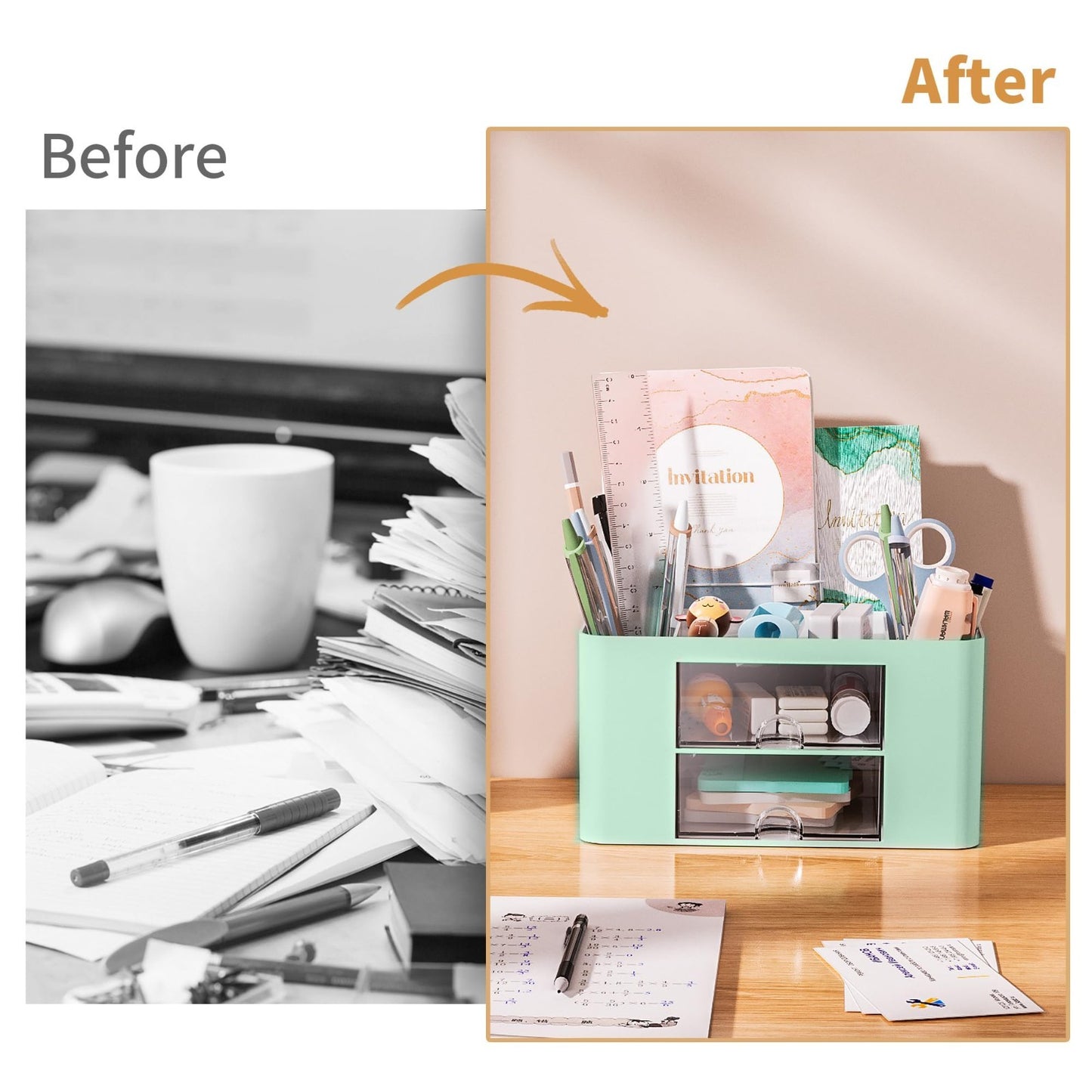 Multi Functional Desk Organizer with 2 Drawers, 5 Compartments, Pencil Holder 6
