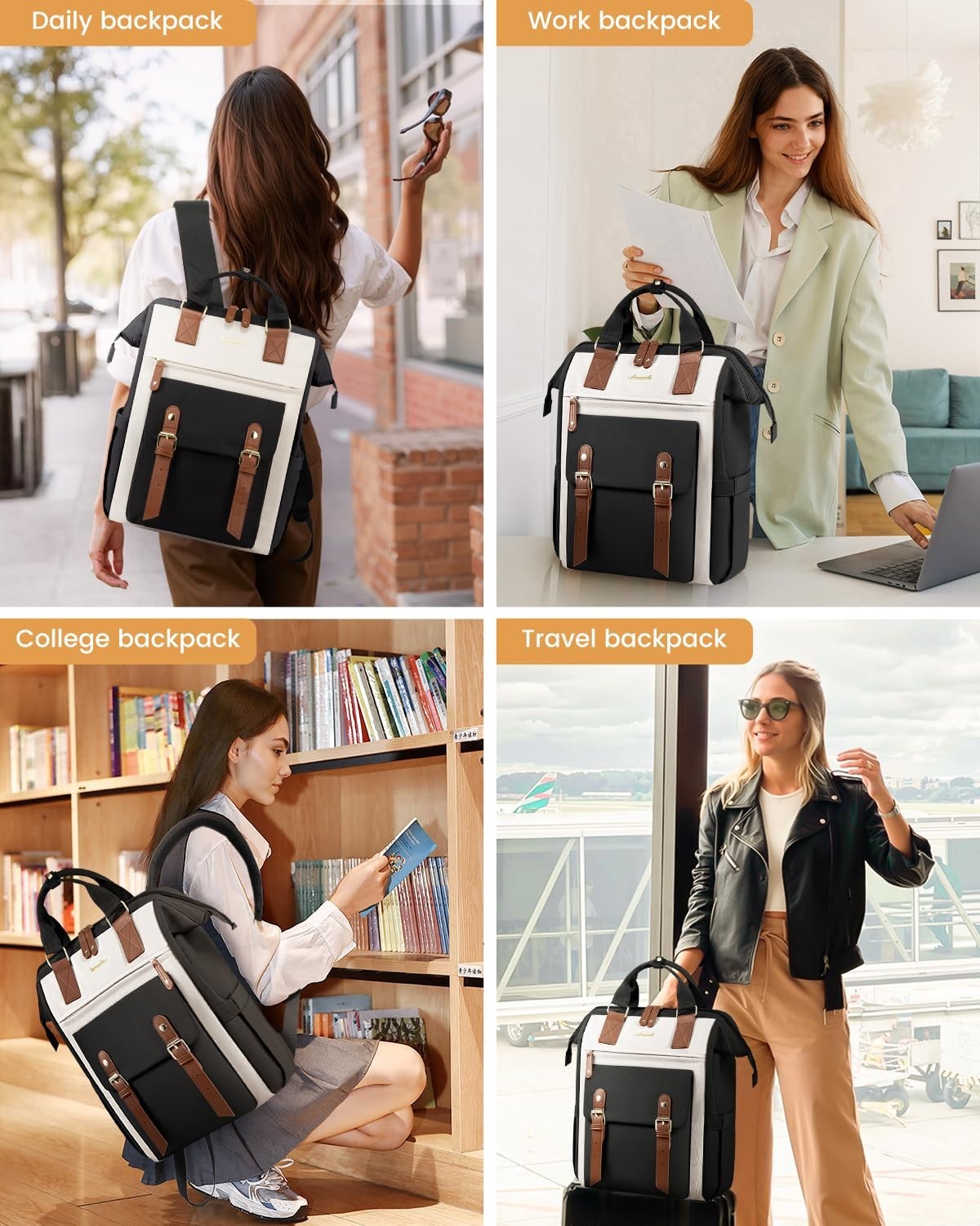 Stylish Laptop Backpack for Women Work, Travel, College, 15.6" Black/Brown/B8
