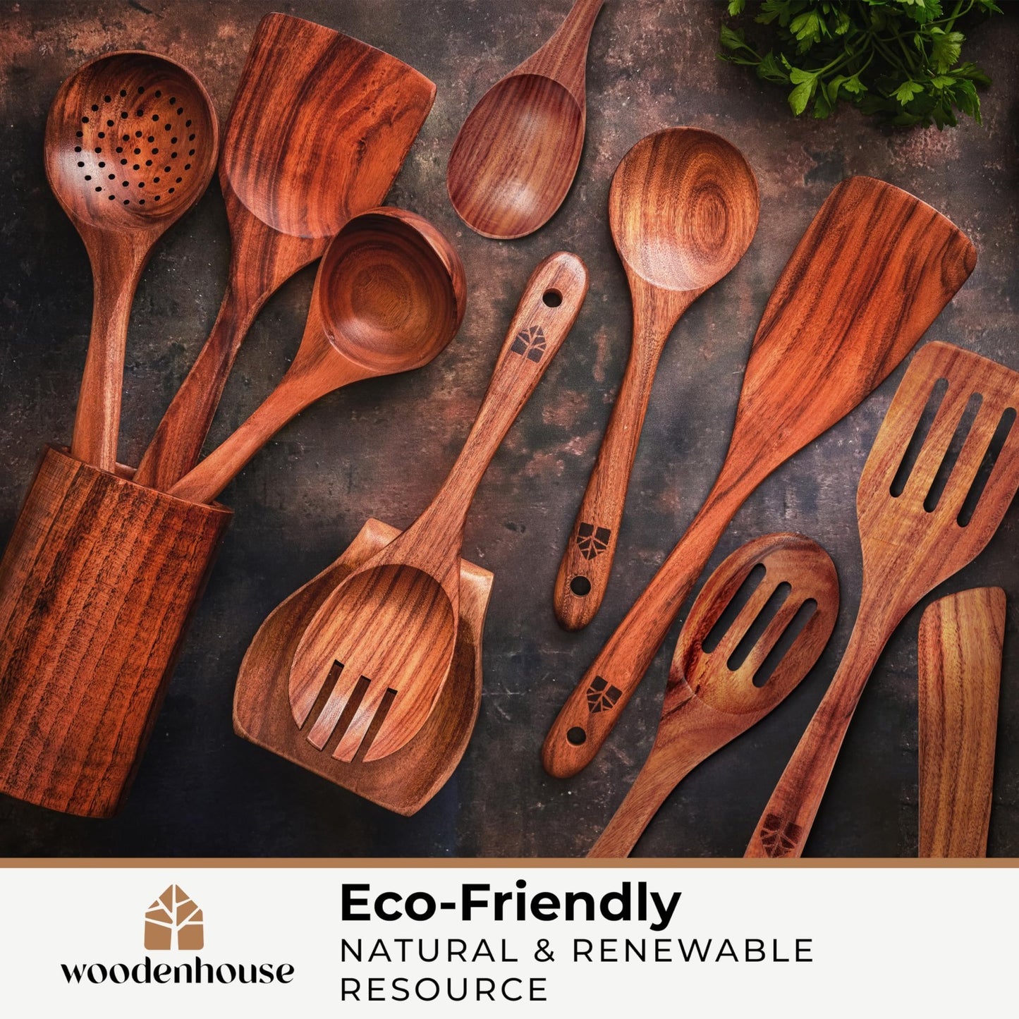 12 Pcs Wooden Cooking Spoons Set with Holder & Hooks | Heat Resistant, Nonstick6