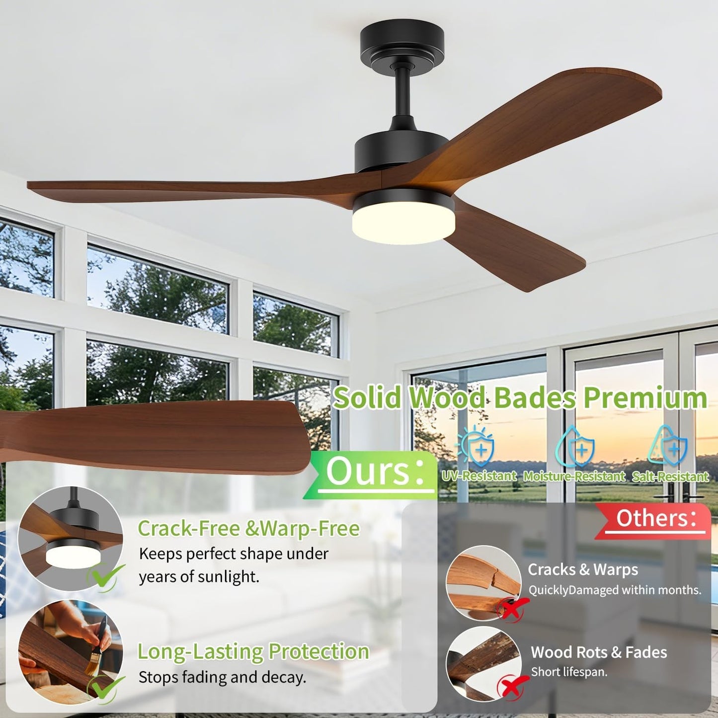 52 Inch Ceiling Fan with Lights, Solid Wood Blades, Ultra Quiet DC Motor, 6 Spee7
