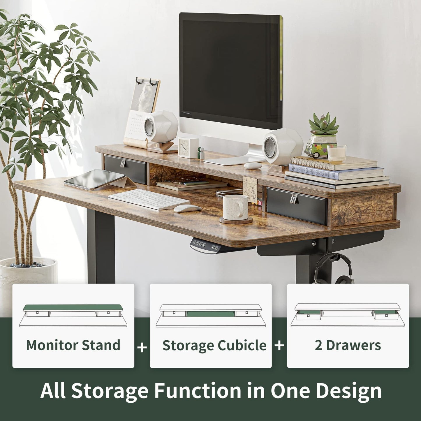Height Adjustable Electric Standing Desk 48x24 with Double Drawer & Storage Shel5