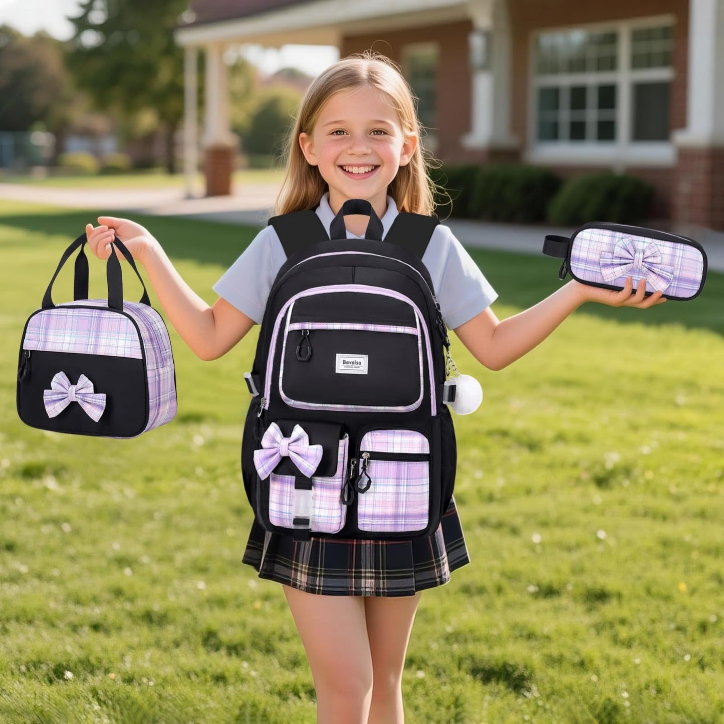 Cute Bow Backpack for Girls School Bag with Lunch Bag & Pen Case, Stylish & Fu7