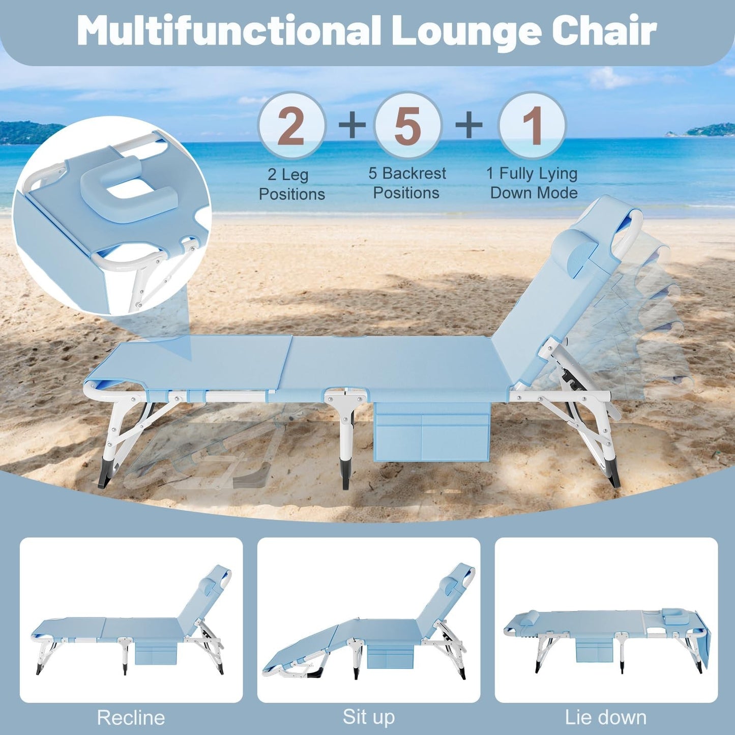 Folding Camping Cot for Adults with Adjustable Backrest & Padded Cushion 5 Pos5