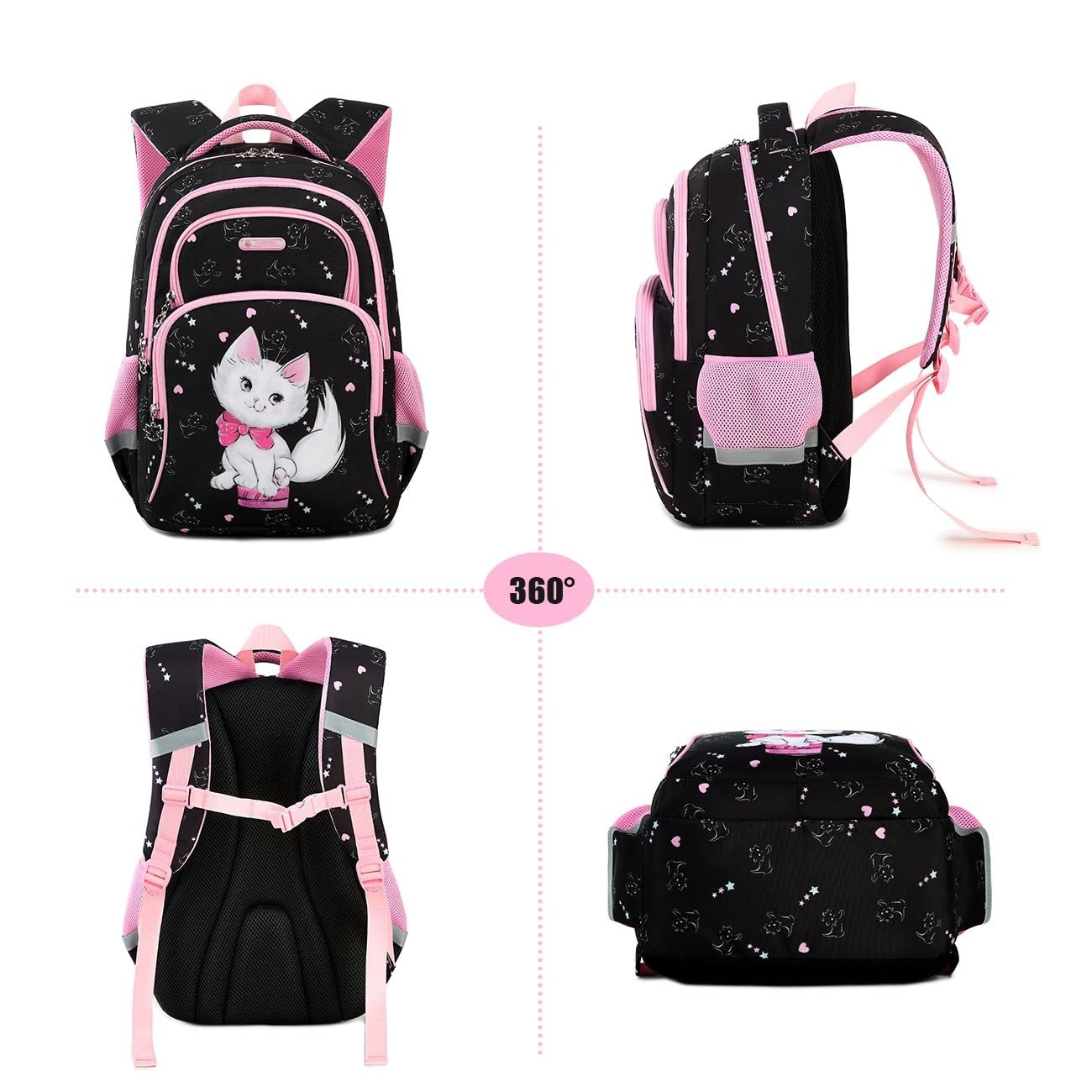 Girls' 16" Cat Print School Backpack for Kids Ages 6 10, Cute Bookbag for Elemen8
