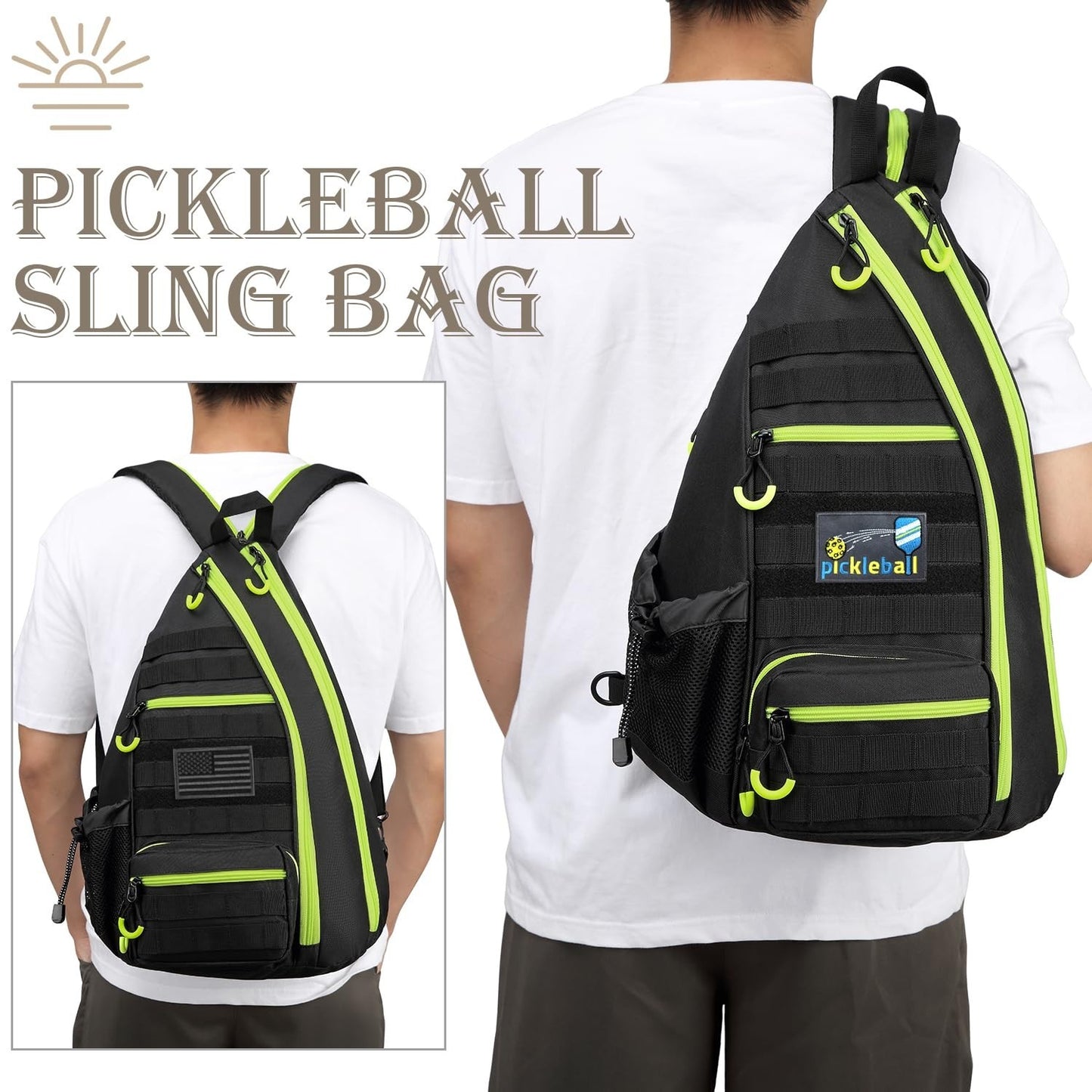 Tactical Pickleball Backpack - Adjustable Sling Bag with Water Bottle & Fence Ho5
