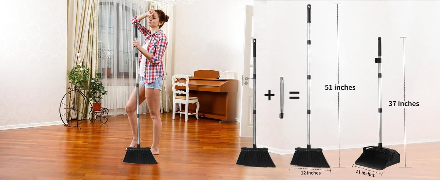 3-Pack Commercial Broom & Dustpan Set, 51'' Long Handle, Self-Cleaning Teeth, Id8