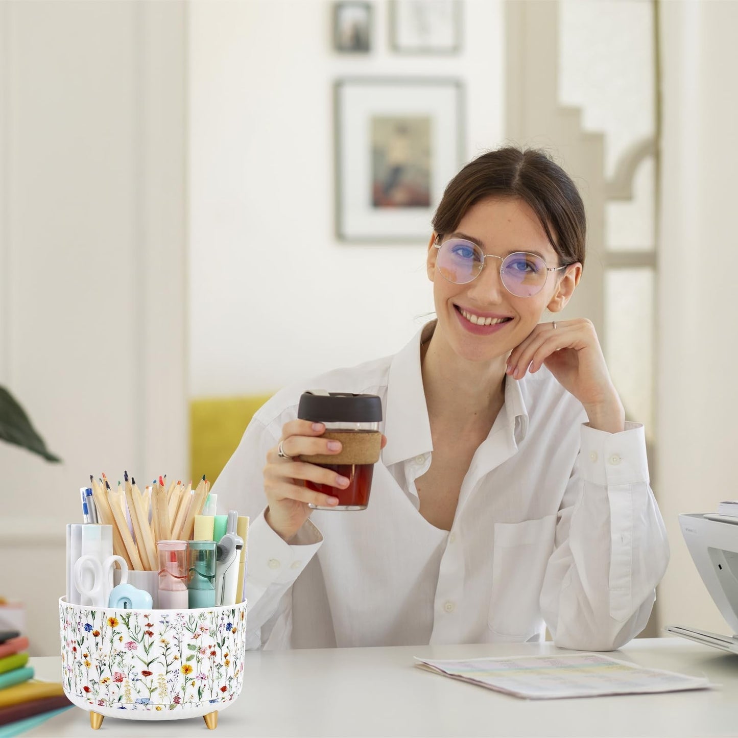 360° Rotating Desk Organizer Dual Purpose Pen Holder, 5 Slot Pencil Cup for Of6