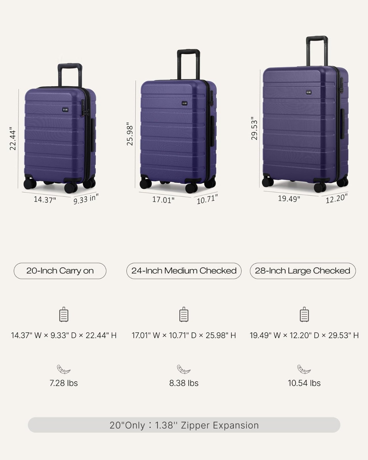 Lightweight Durable Hardshell Luggage Set - 3 Piece Expandable Suitcase, 360° Sp8