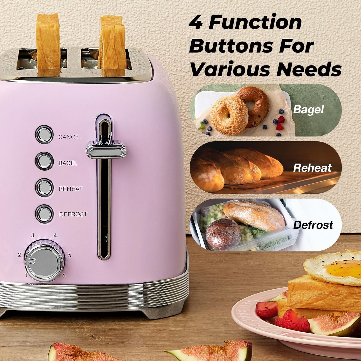 Retro 2 Slice Stainless Steel Toaster in Pastel Pink Stylish Kitchen Appliance7