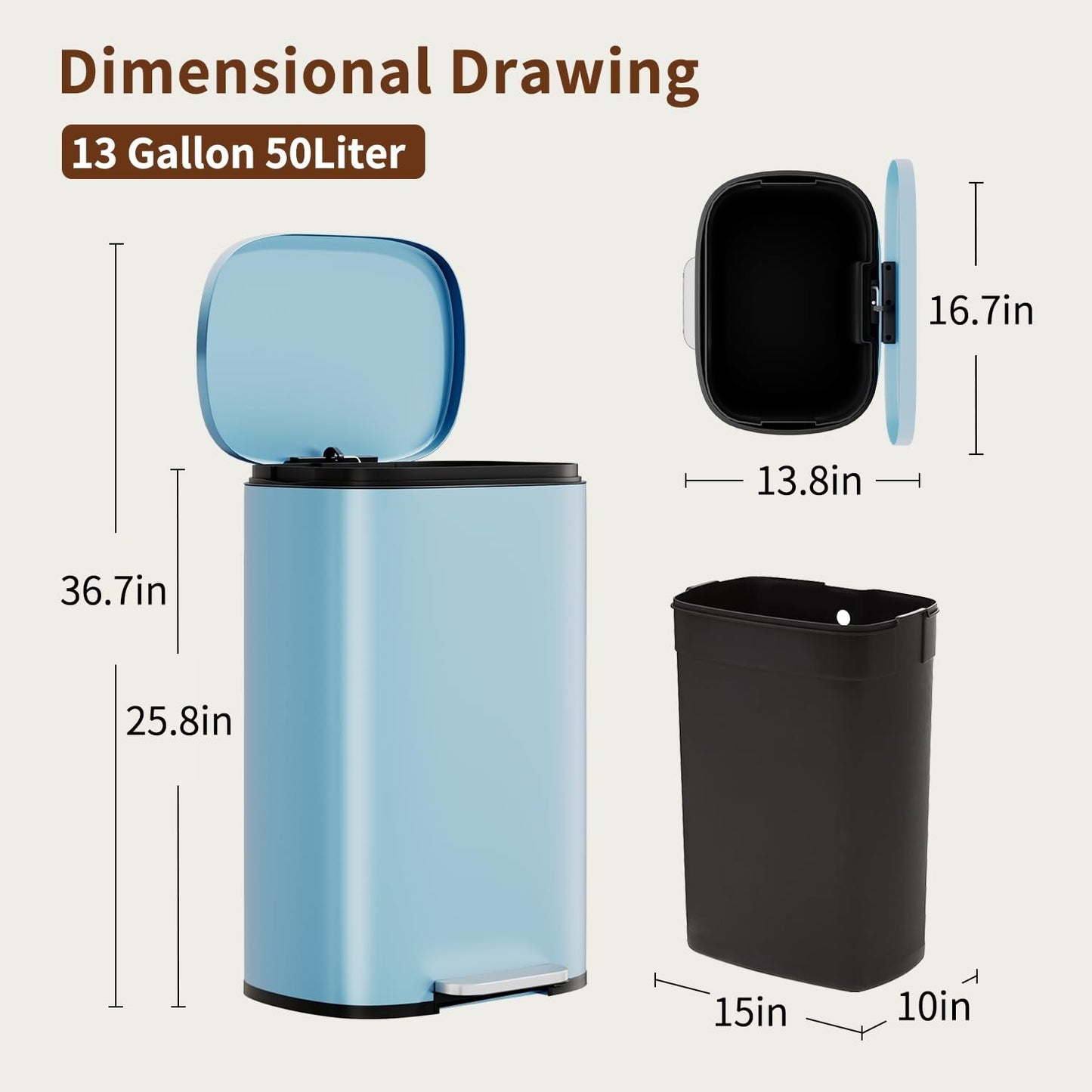 Stainless Steel Trash Can with Lid, Removable Inner Bucket, Foot Pedal, Soft Clo5