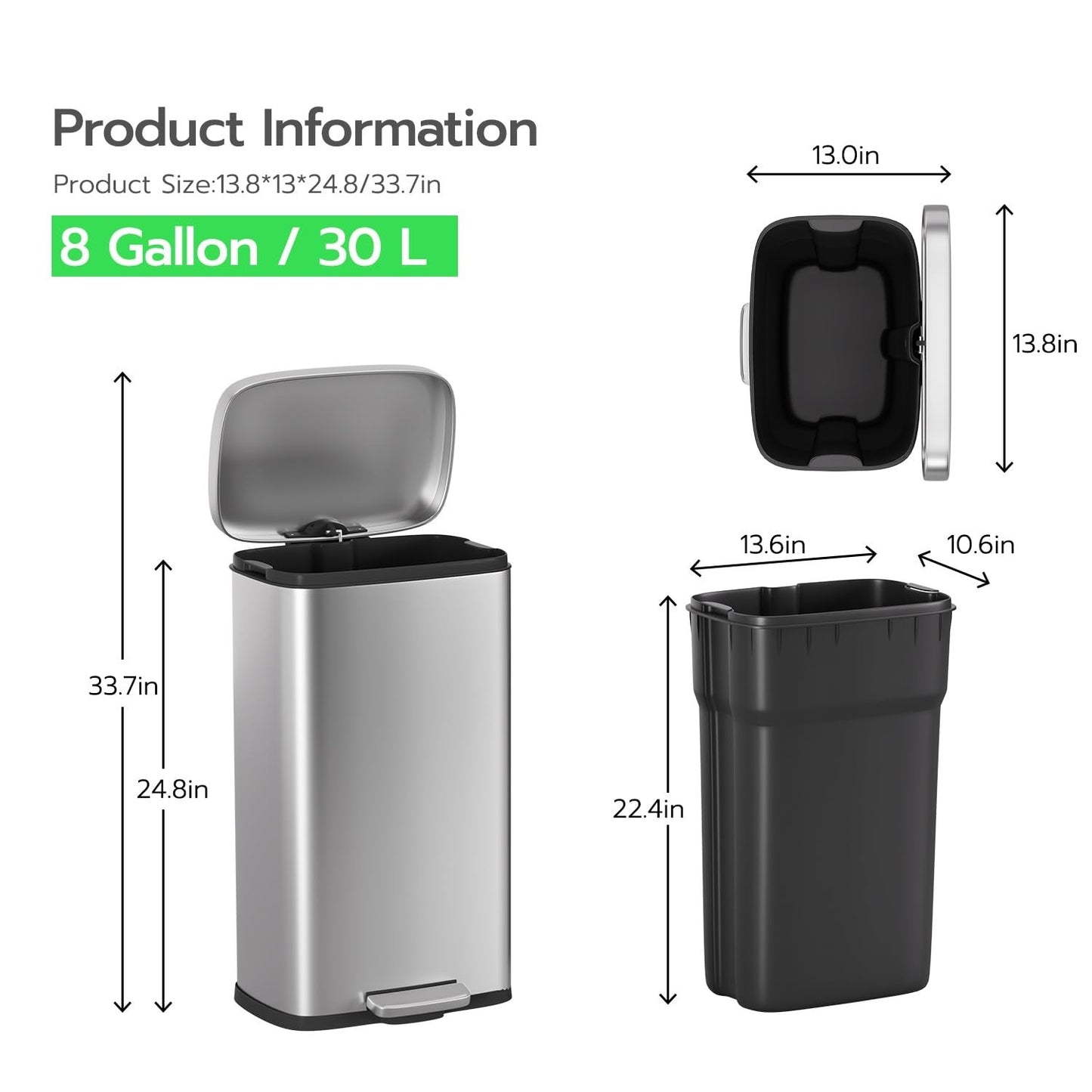 8 Gallon Stainless Steel Trash Can with Lid - Removable Inner Bucket, Foot Pedal6