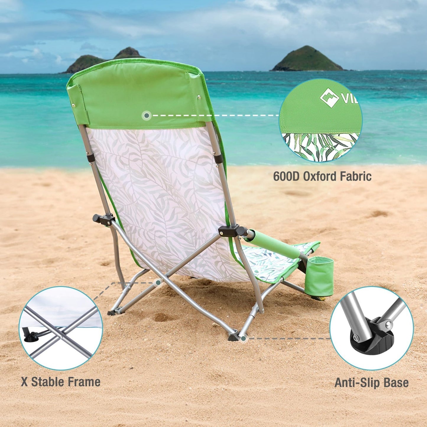 Lightweight Folding Beach Chairs - 2 Pack, High Back, Portable with Cup Holder,8