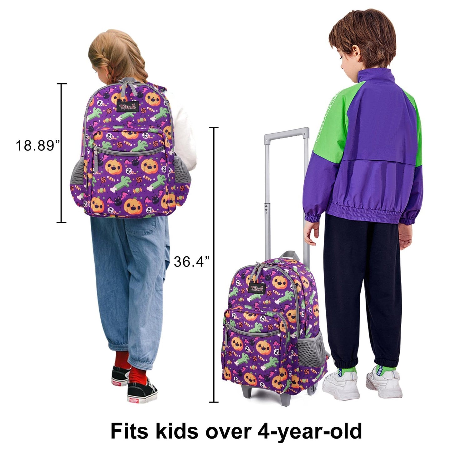 Wheeled Kids Backpack 18" Rolling Bag with Lunch Bag, Double Handle, Pumpkin Pur7