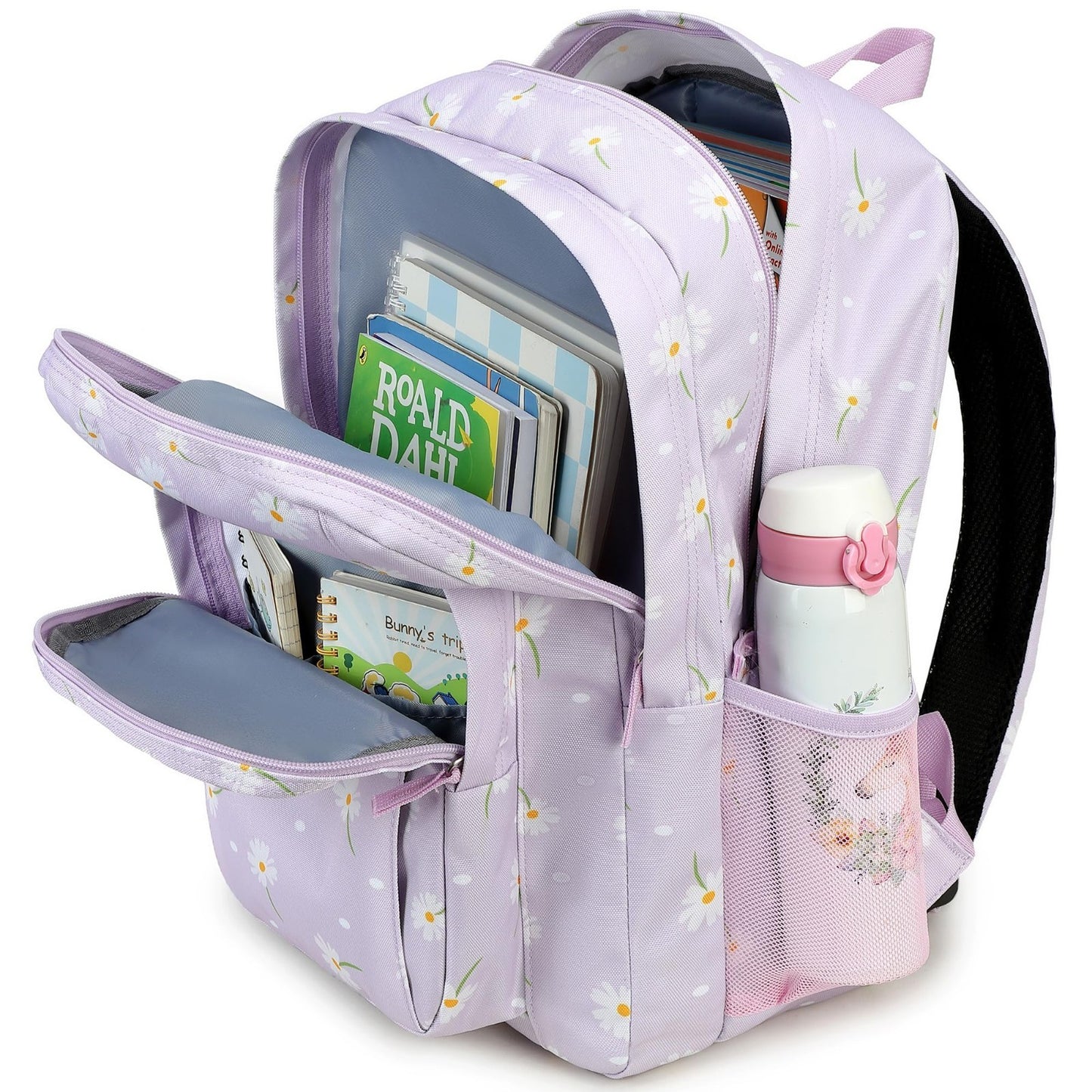 Water Resistant Daisy Print Women's School Backpack for College & Teens Purple5