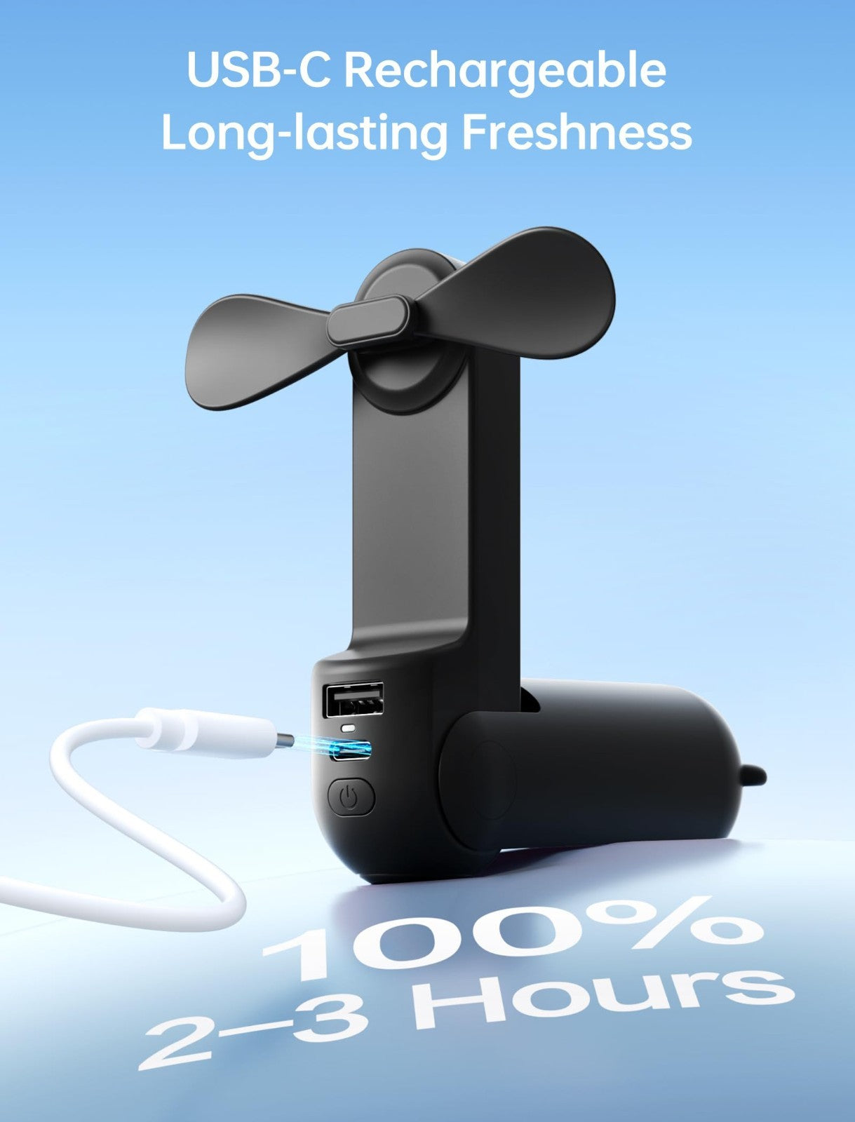 Portable 3 in 1 Fan with Power Bank & Flashlight | USB Rechargeable, 19H Cooling7