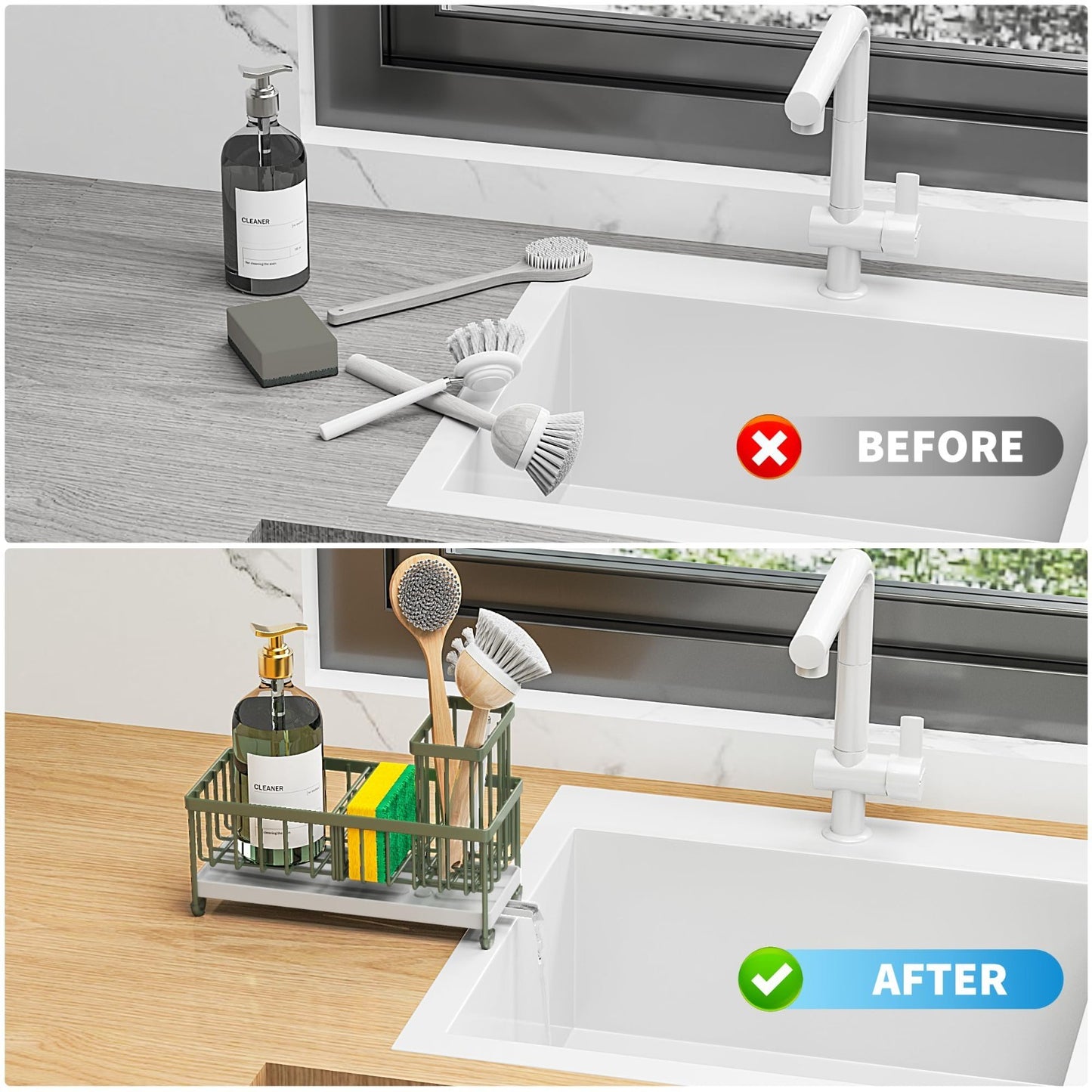 Kitchen Sink Sponge Holder Caddy Organizer, Rustproof 304 Stainless Steel, Sage4