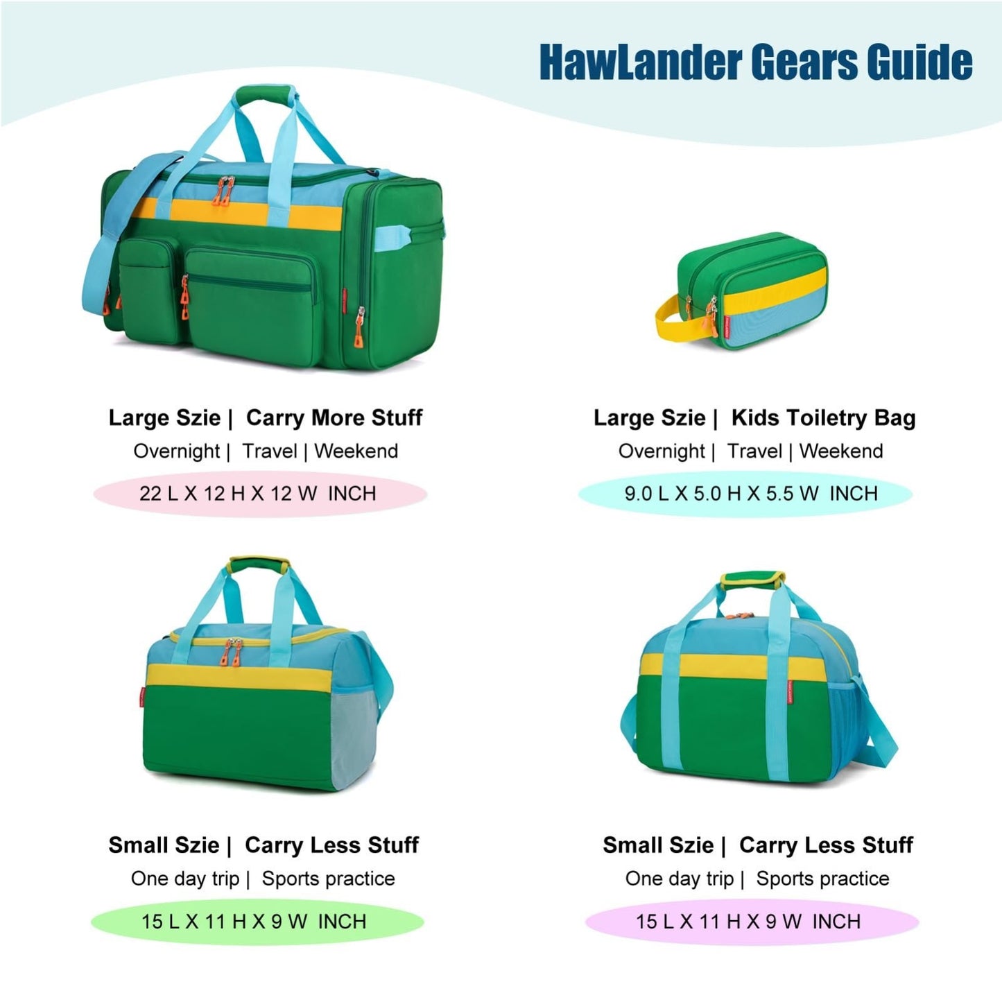 Kids 18" Duffle Bag - Green, Perfect for Boys & Girls, Weekend Travel, Sports, O9