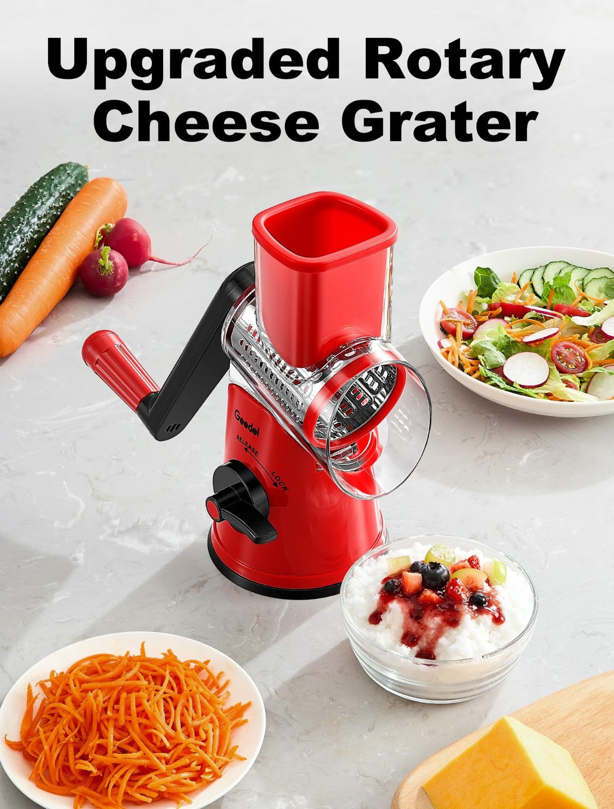 Rotary Cheese Grater & Vegetable Shredder with 6 Blades, Suction Base, Mandoline7