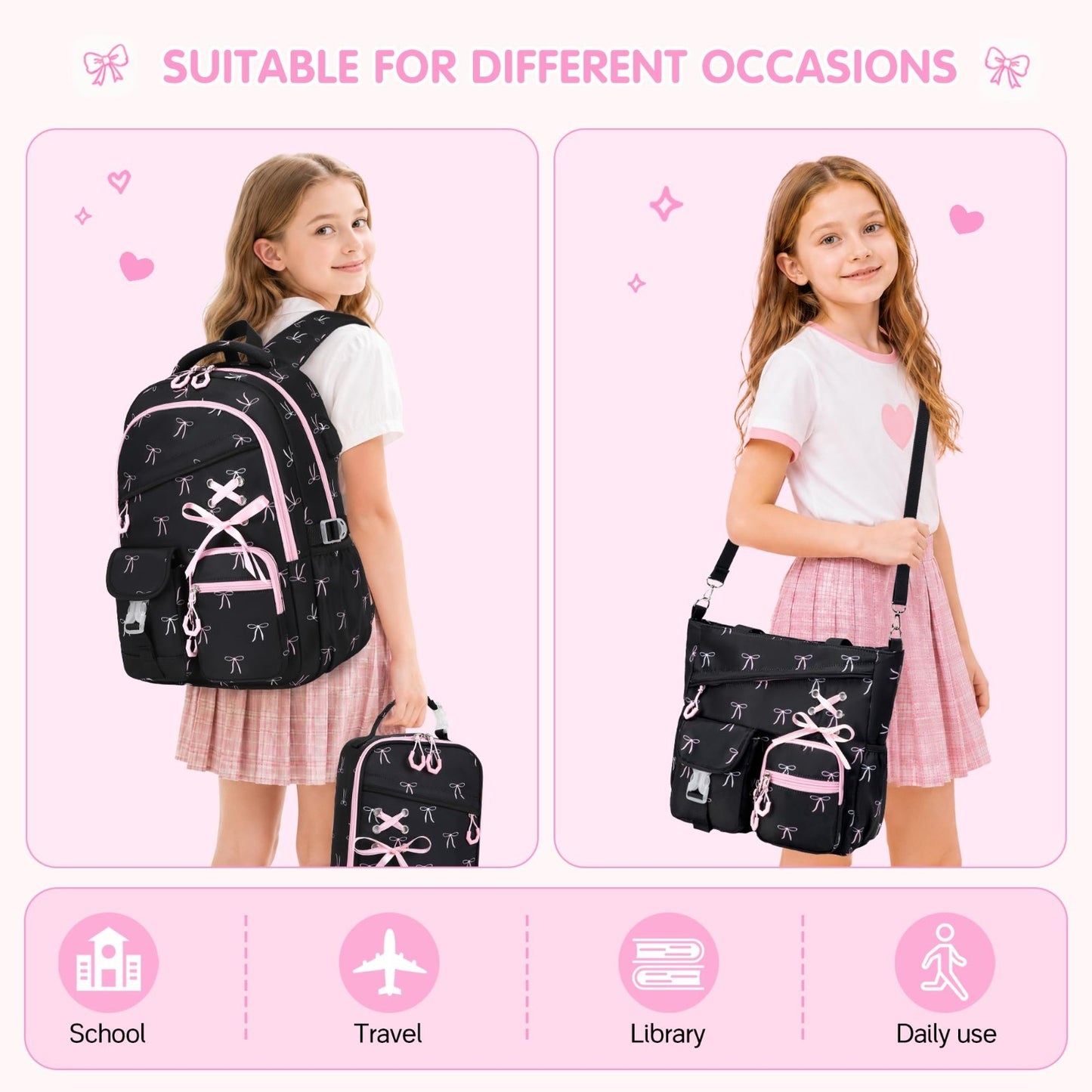 4PCS Girls Backpacks Set Tote Bag, Lunch Bag & Pencil Pouch Stylish & Functi2