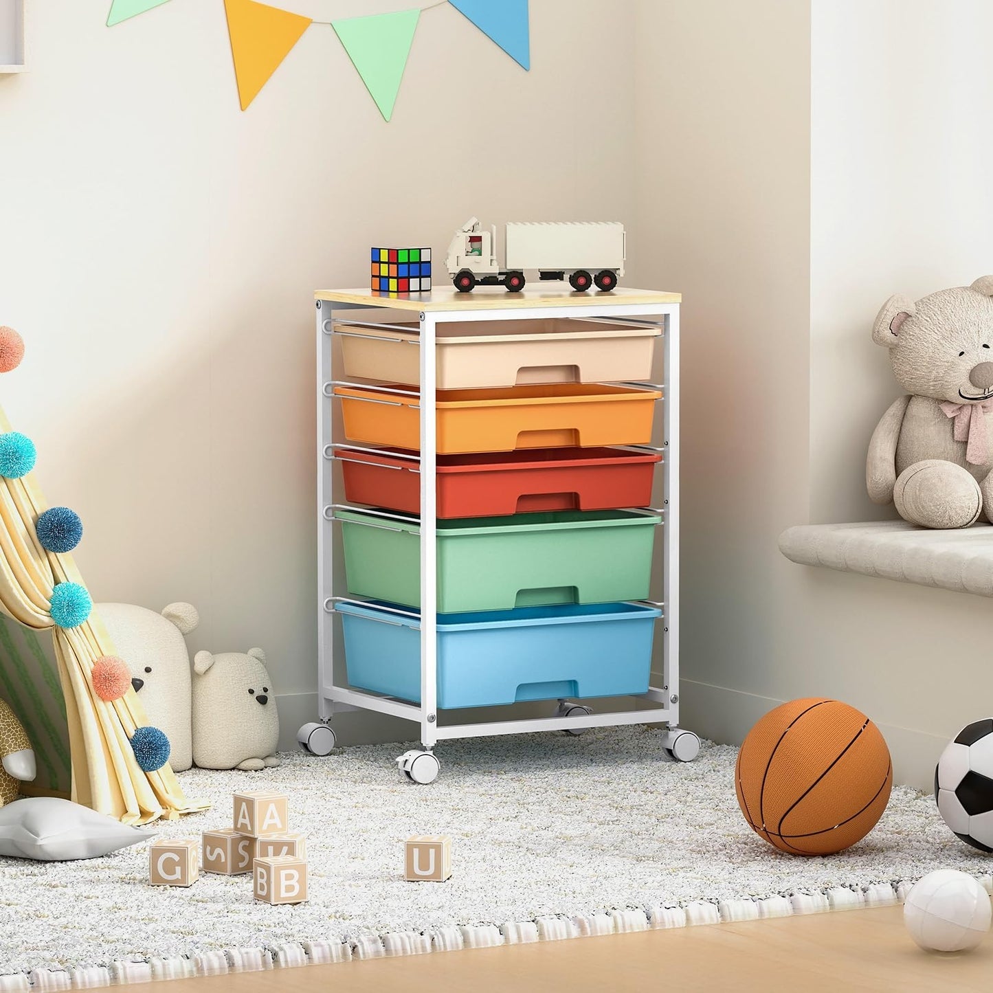 5 Drawer Utility Cart with Wooden Top, Lockable Wheels, Rolling Craft Organizer8