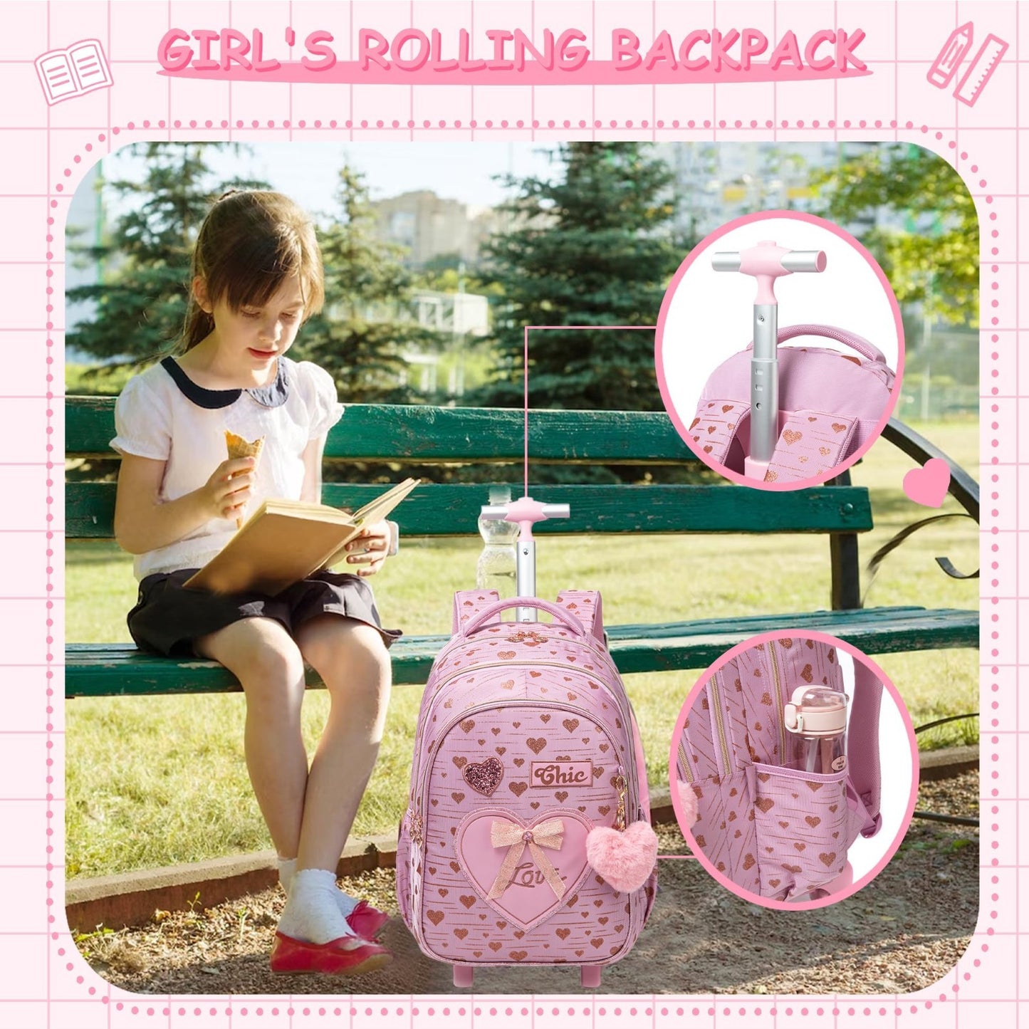 Rolling Kids Backpack with Lunch Box Girls Wheeled Travel Suitcase for Ages 6 5