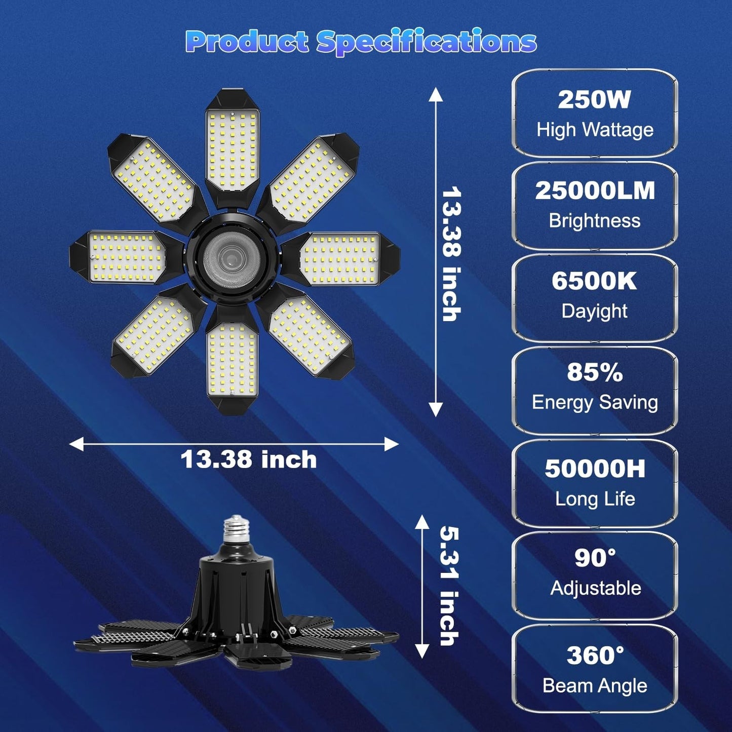 Super Bright 250W LED Garage Ceiling Light 8 Deformable Panels, 6500K, E26/E277