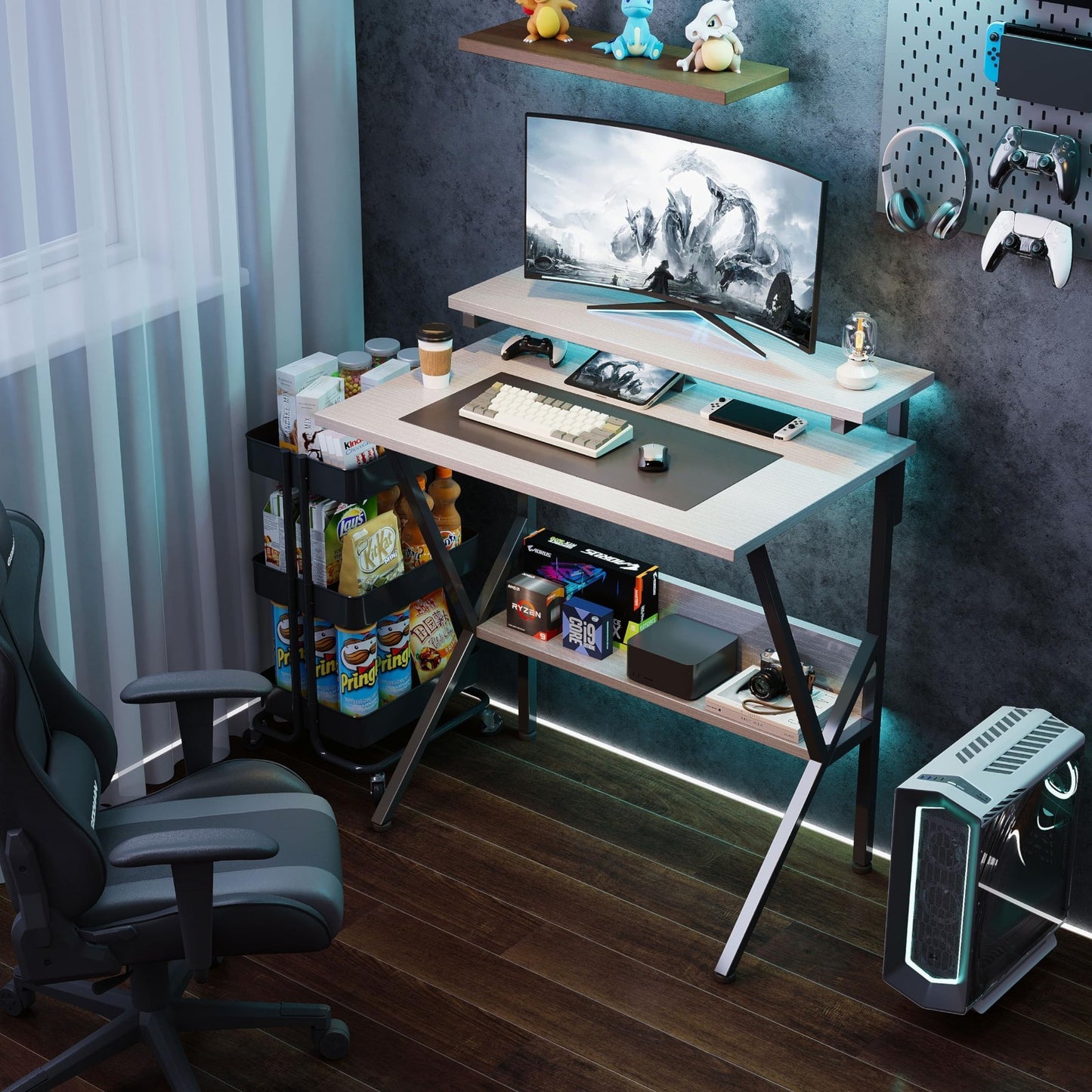 Compact 27.5" Computer Desk with Adjustable Monitor Stand & Storage - White/Blac6