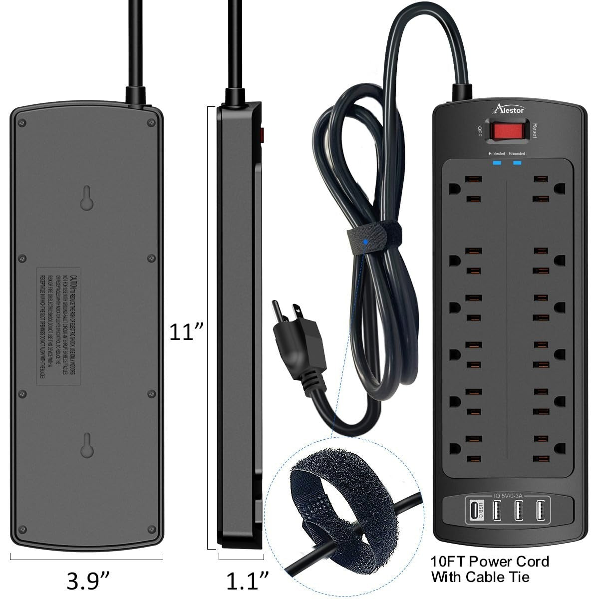 10ft Power Strip Surge Protector, 12 Outlets & 4 USB Ports, 2700J, Home/Office U6