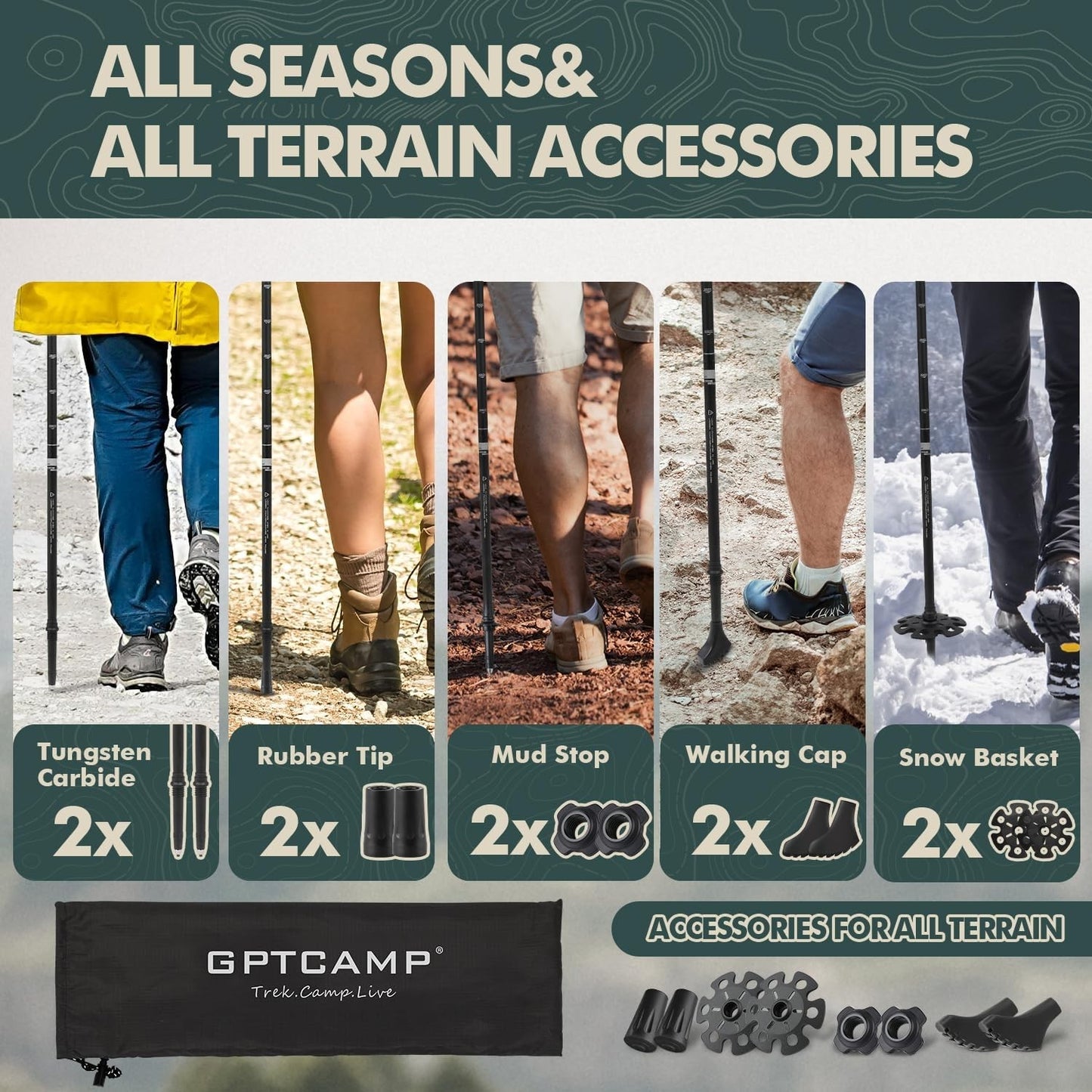 Collapsible Trekking Poles - Lightweight Adjustable Hiking Sticks, 2pc Set with6