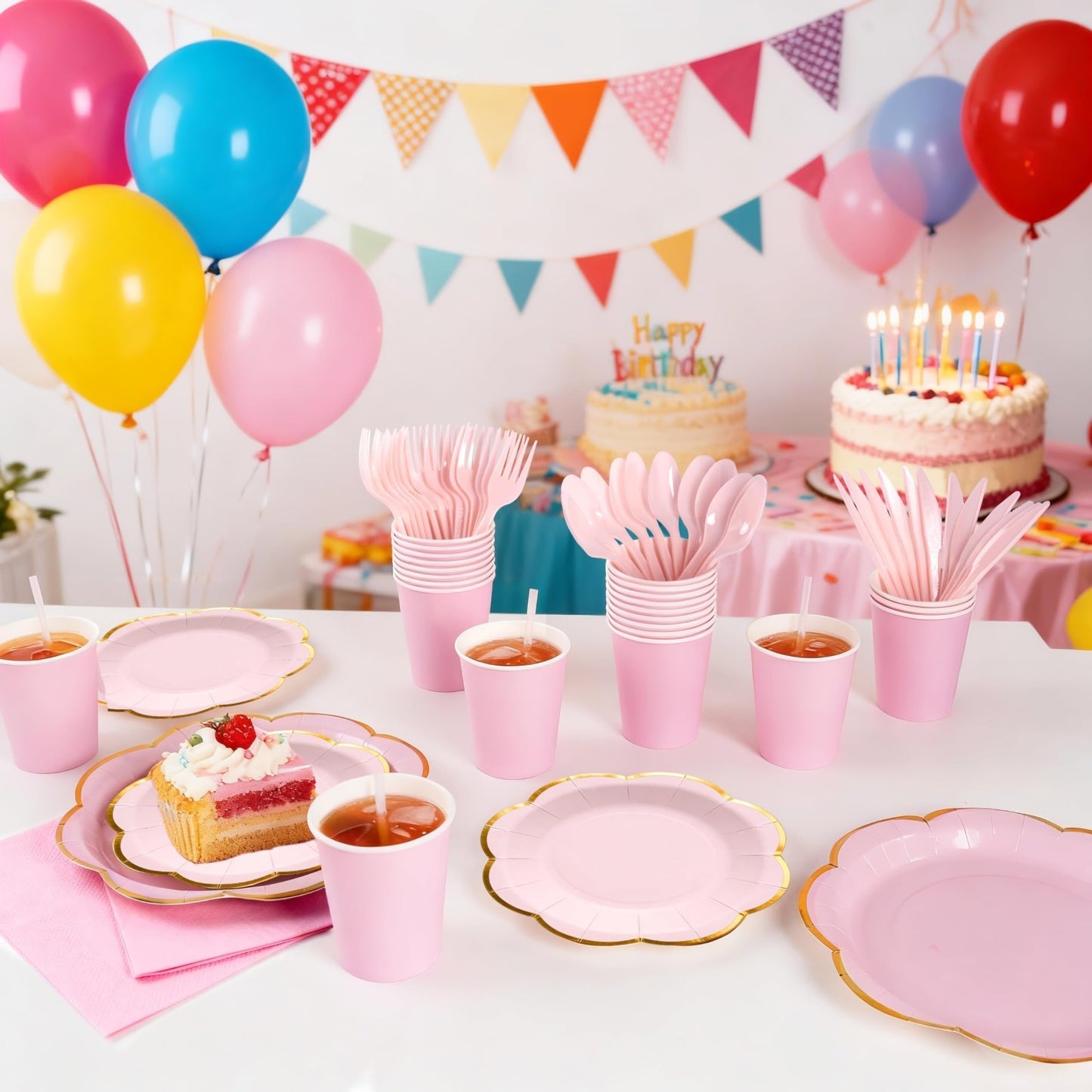 350 Pcs Pink Scalloped Paper Plates & Napkins Set for 50 Guests | Gold Rim Dispo8