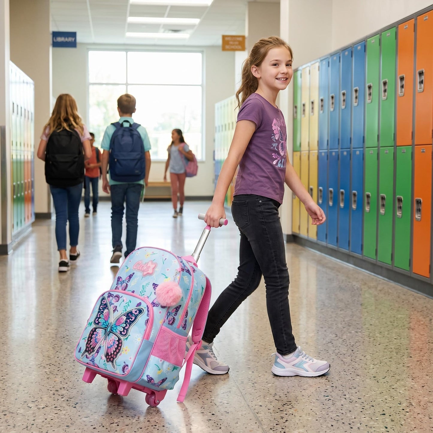 Cute Butterfly Kids Rolling Backpack with Wheels, School Roller Bag & Lunch Case6