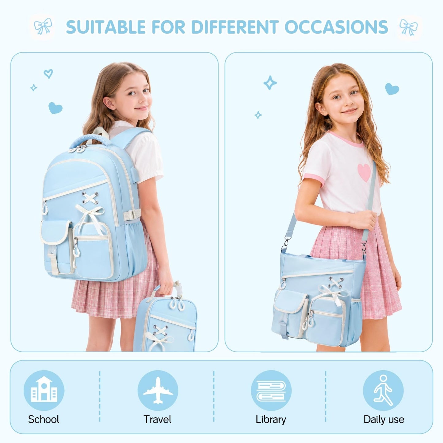 4PCS Girls Backpack Set with Tote Bag, Lunch Bag & Pencil Pouch Stylish & Func3