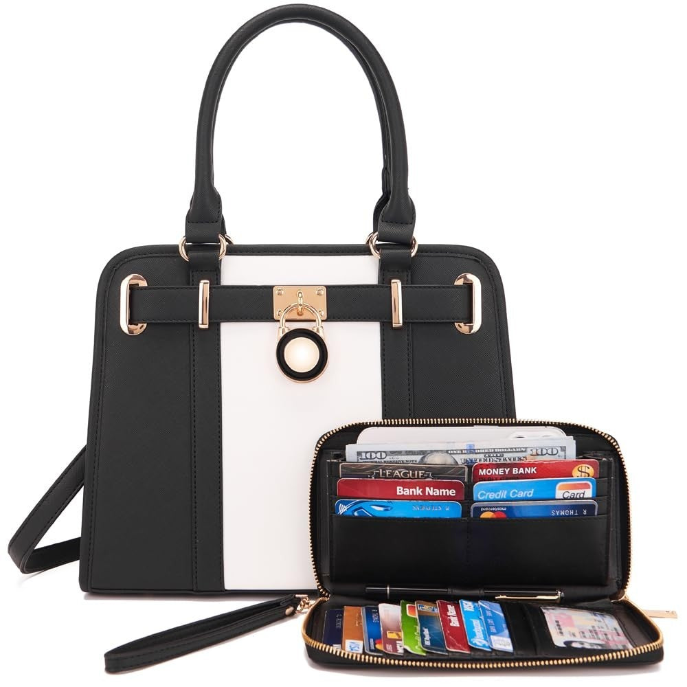 Stylish Women's Structured Satchel Tote Handbag Set with RFID Wallet - Fashionab5