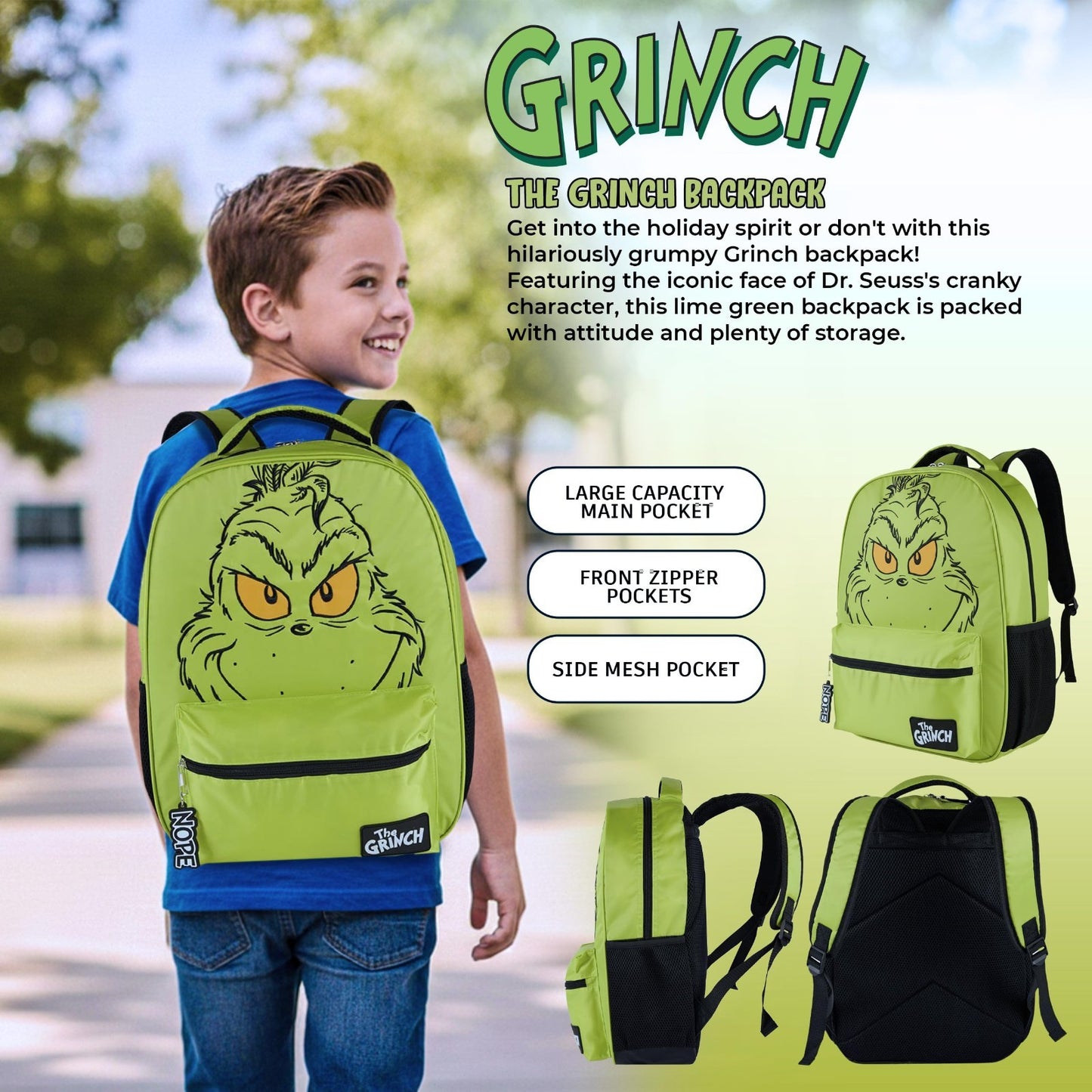 Grinch Backpack for Kids 16” Bookbag with Big Face & Molded Dangle, Green6