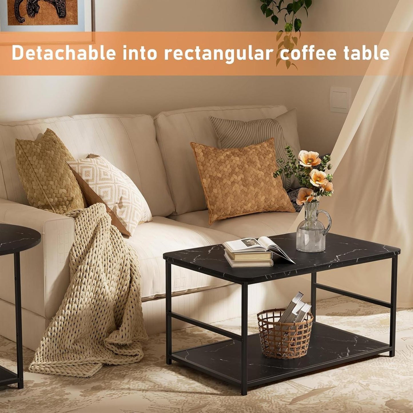 2-in-1 Black Marble Coffee Table with Storage, Modern Living Room Table