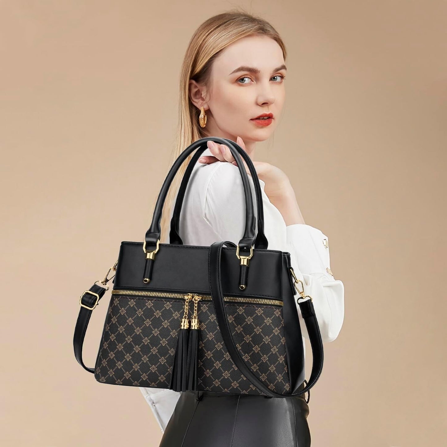 Women's PU Leather Satchel Crossbody Purse 3 Zip Tassel