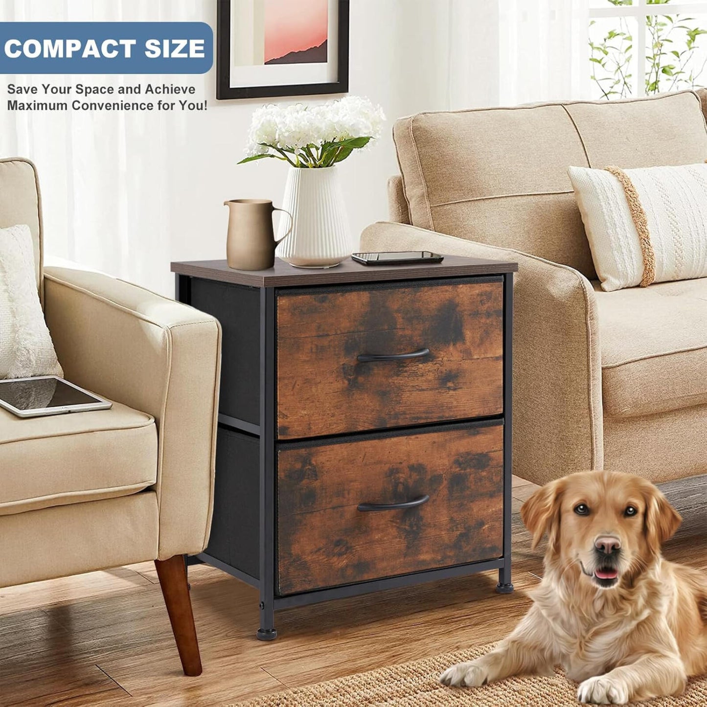 Nightstand Small Dresser with 2 Fabric Drawers Side Tables Bedroom End Table Kid