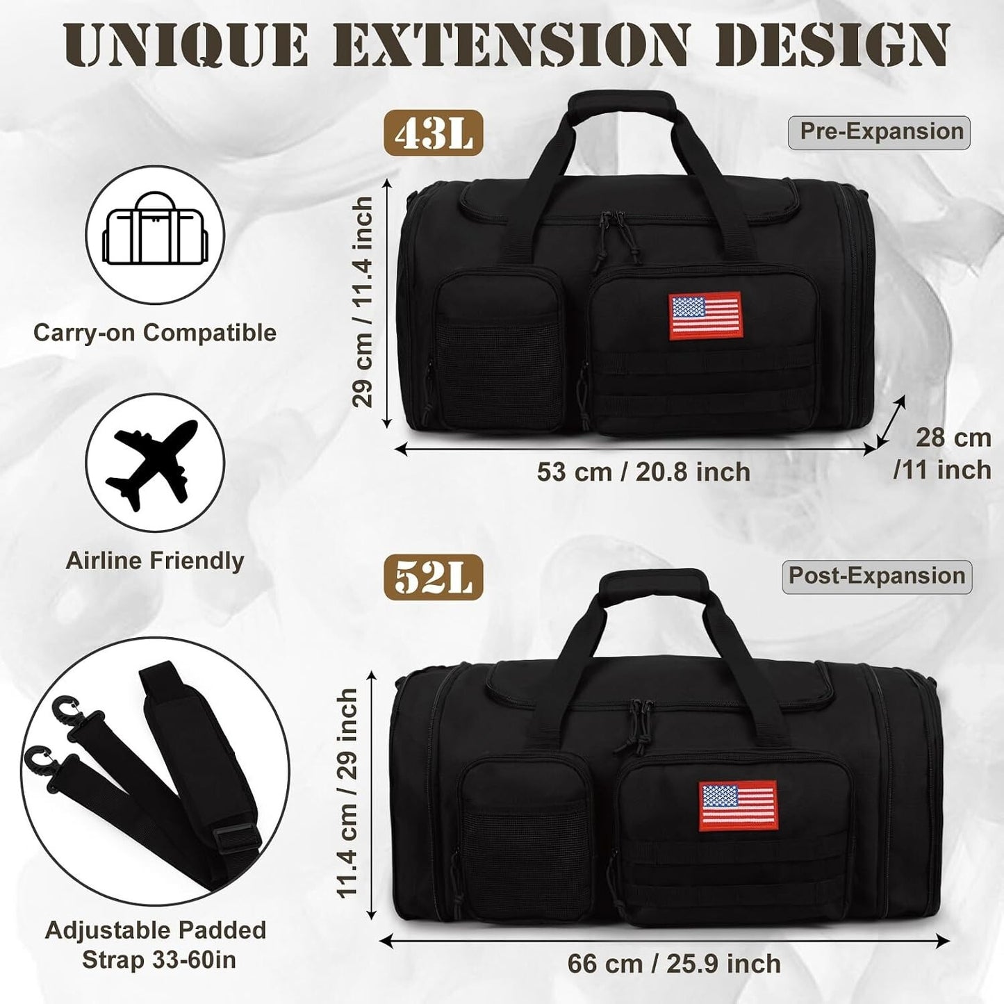 52L Tactical Expandable Travel Duffel Shoe Bag Pocket 900D