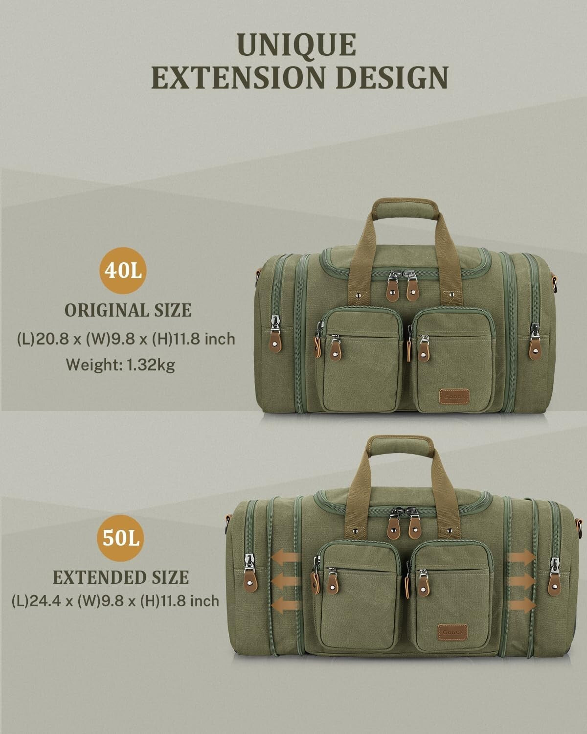 50L Expandable Duffle Bag Water Resistant Pocket Carry On