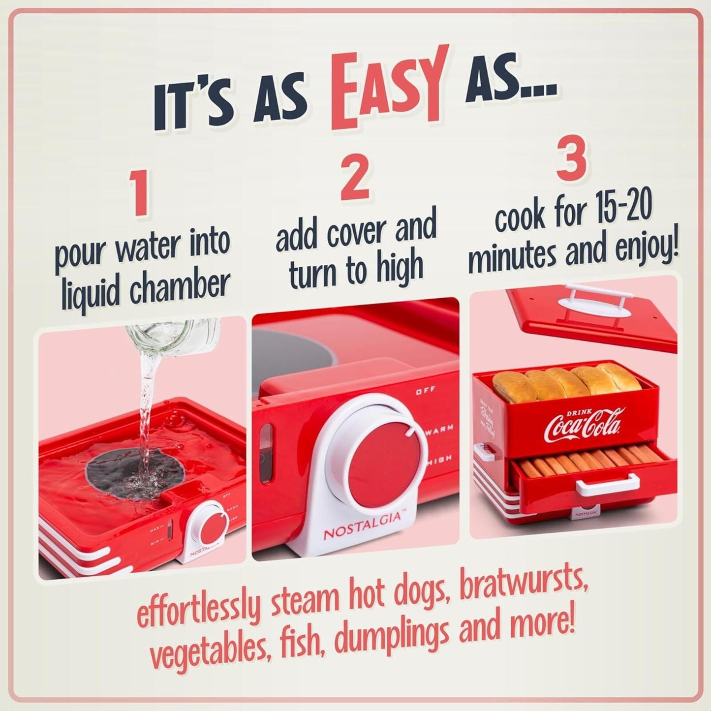 Coca-Cola XL Hot Dog Steamer 24 Dog 12 Bun Cooker Sausage Veggie Red
